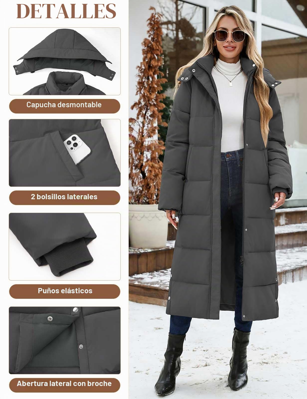 Abrigo Largo Mujer Invierno Chaqueta Acolchado Cálido Abrigos Gruesa Plumifero Chaquetas Polar Elegante Parka Prueba de Viento con Capucha Desmontable para Diario y al Aire Libre