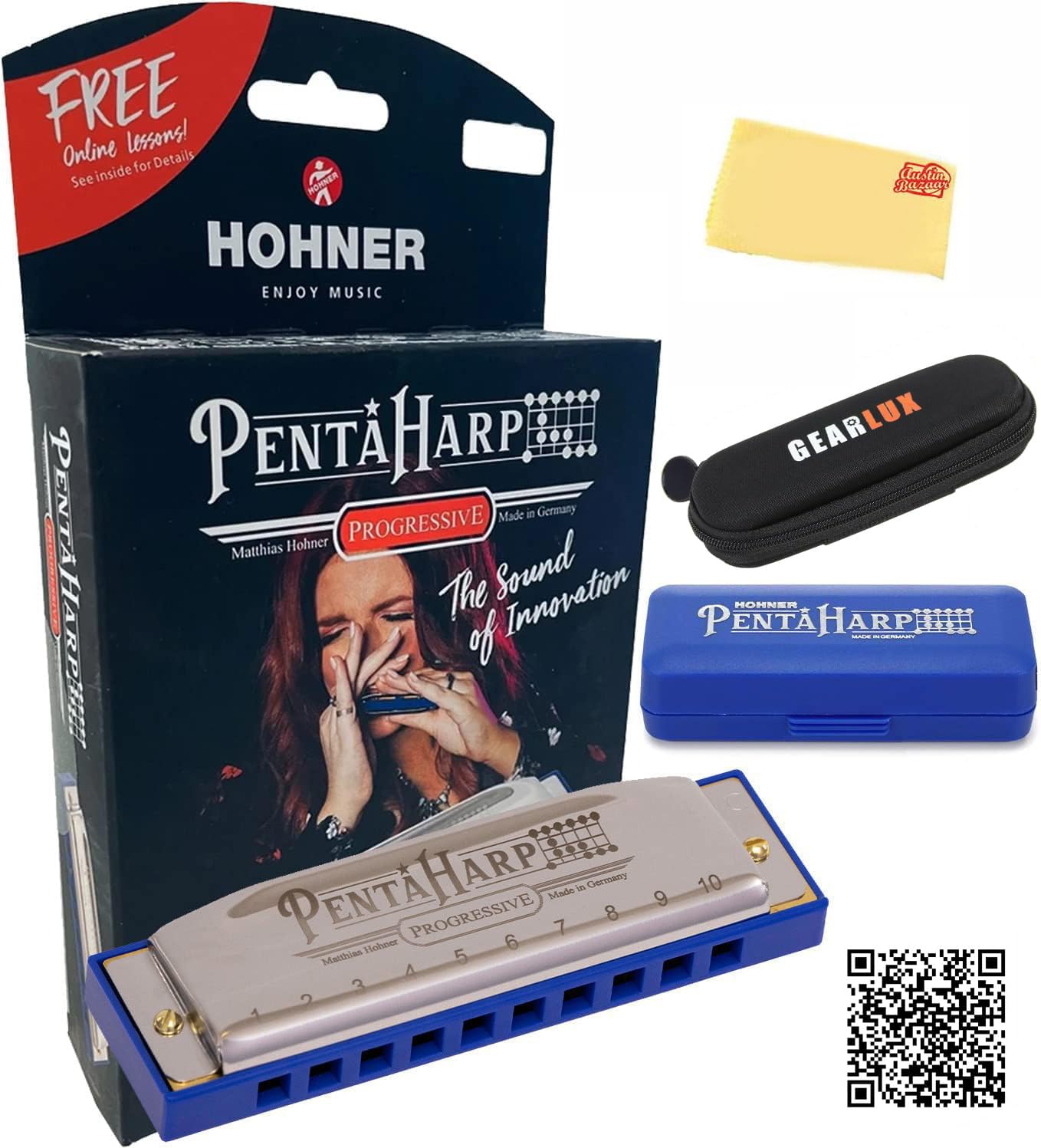 Hohner M21BX PentaHarp Harmonica - Key of C Bundle with Carrying Case, Pouch, Harmonica Beginner Manual, and Austin Bazaar Polishing Cloth