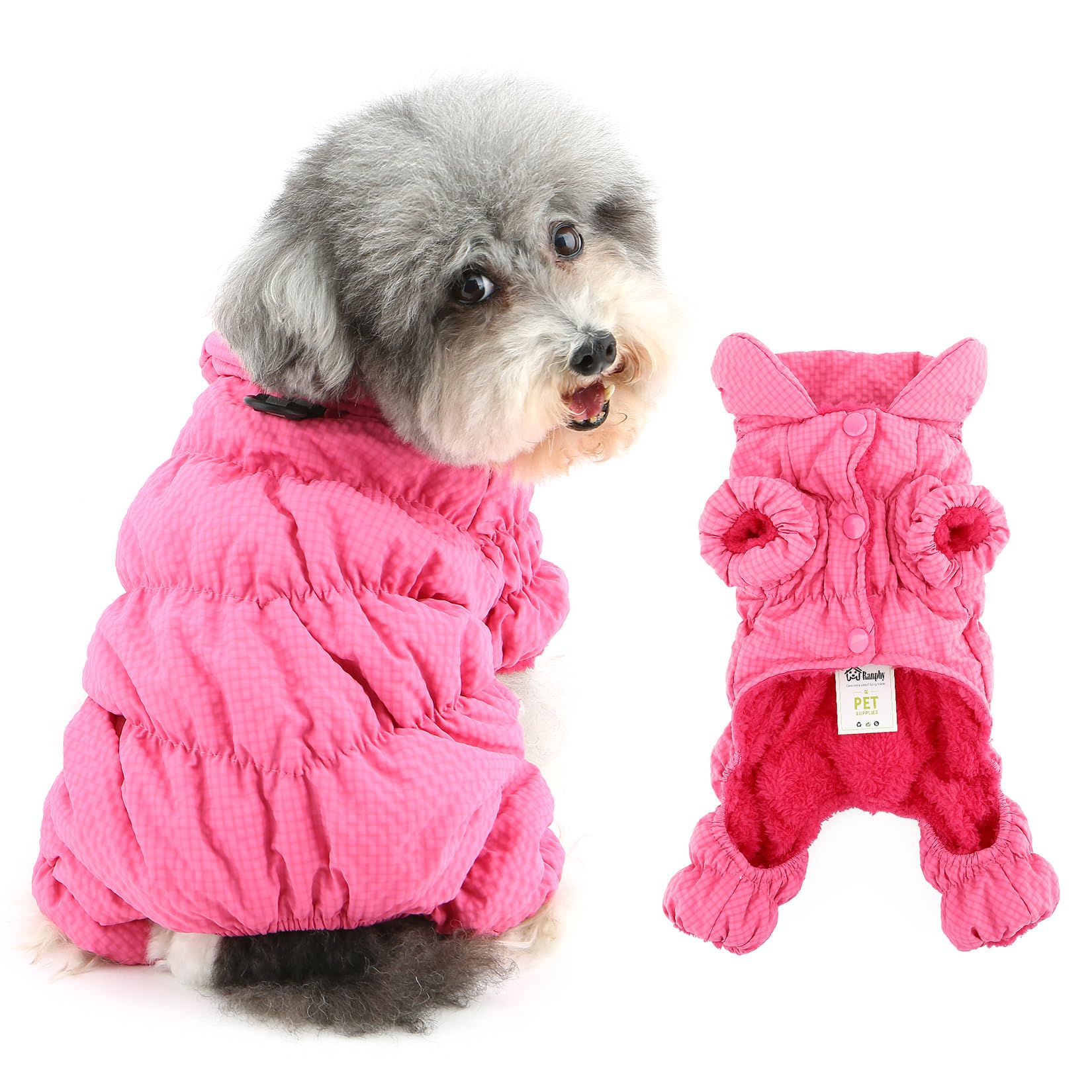 Ranphy Waterproof Plaid Winter Coat Jumpsuit for Small Dog Padded Fleece Lined Puppy Snow Jacket Full Cover Snowsuit with Legs Yorkie Chihuahua Cold Weather Clothes Leash Ring Cat Clothing,Pink,L