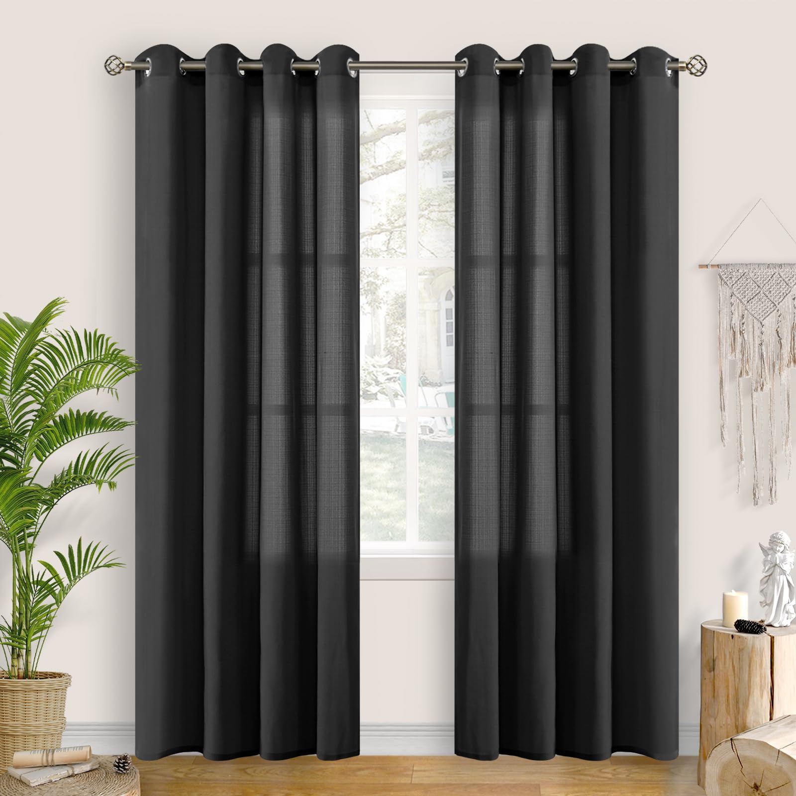 BGment Linen Look Semi Sheer Curtains for Bedroom, Grommet Light Filtering Casual Textured Privacy Curtains for Living Room, 2 Panels (Each 52 x 84 Inch, Black)