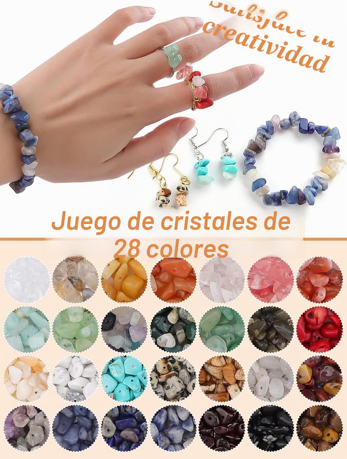TOROKOM 1700+ Kit de fabricación de joyas con cuentas de cristal, 28 colores de piedra de cristal natural, juego de fabricación de anillos con alambre colgante, alicates, mosquetón para collares