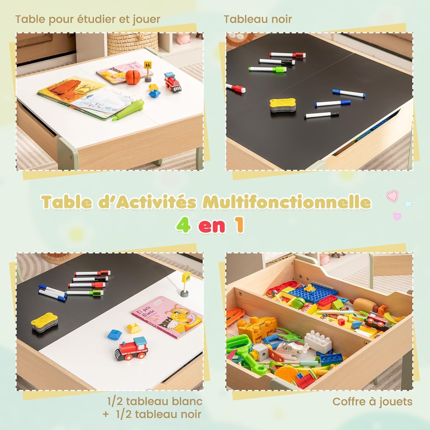 GOPLUS Table Enfant avec 2 Chaises, 4 en 1 Table d’Activité avec Plateau Rabattable à Double Face Tableau Noir/Blanc, Petit Bureau Enfant avec Rangement pour 3-6 Ans, Charge 30KG, Vert