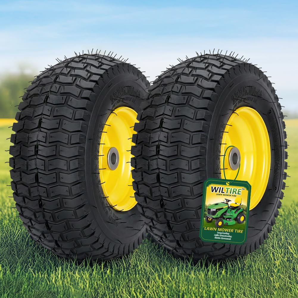 Wiltire 13x5.00-6 Tire and Wheel Assemblies (2 Pack),13 x 5 x 6 Tubeless Rubber Tires and Wheel for Riding Lawn Mower - With 3/4" Bushings (Extra 5/8" Bushings) and 3" Centered Hub (Yellow)