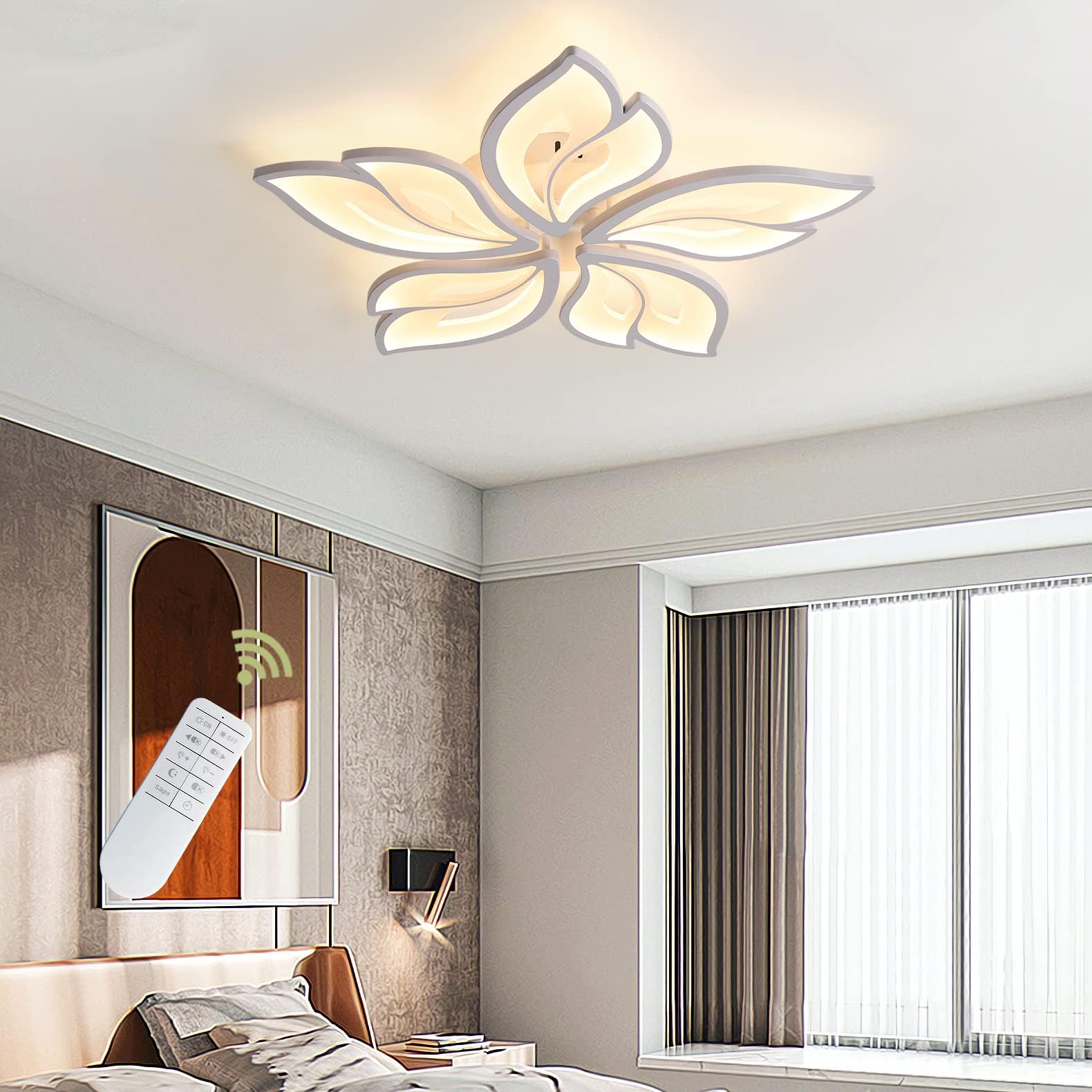 BecailyerModern Ceiling Light, 60W Dimmable LED Ceiling Lamp with Remote Control, 23.6" White Acrylic Leaf Flush Mount Chandelier Close to Ceiling Light Fixture for Living Room Bedroom Dining Room