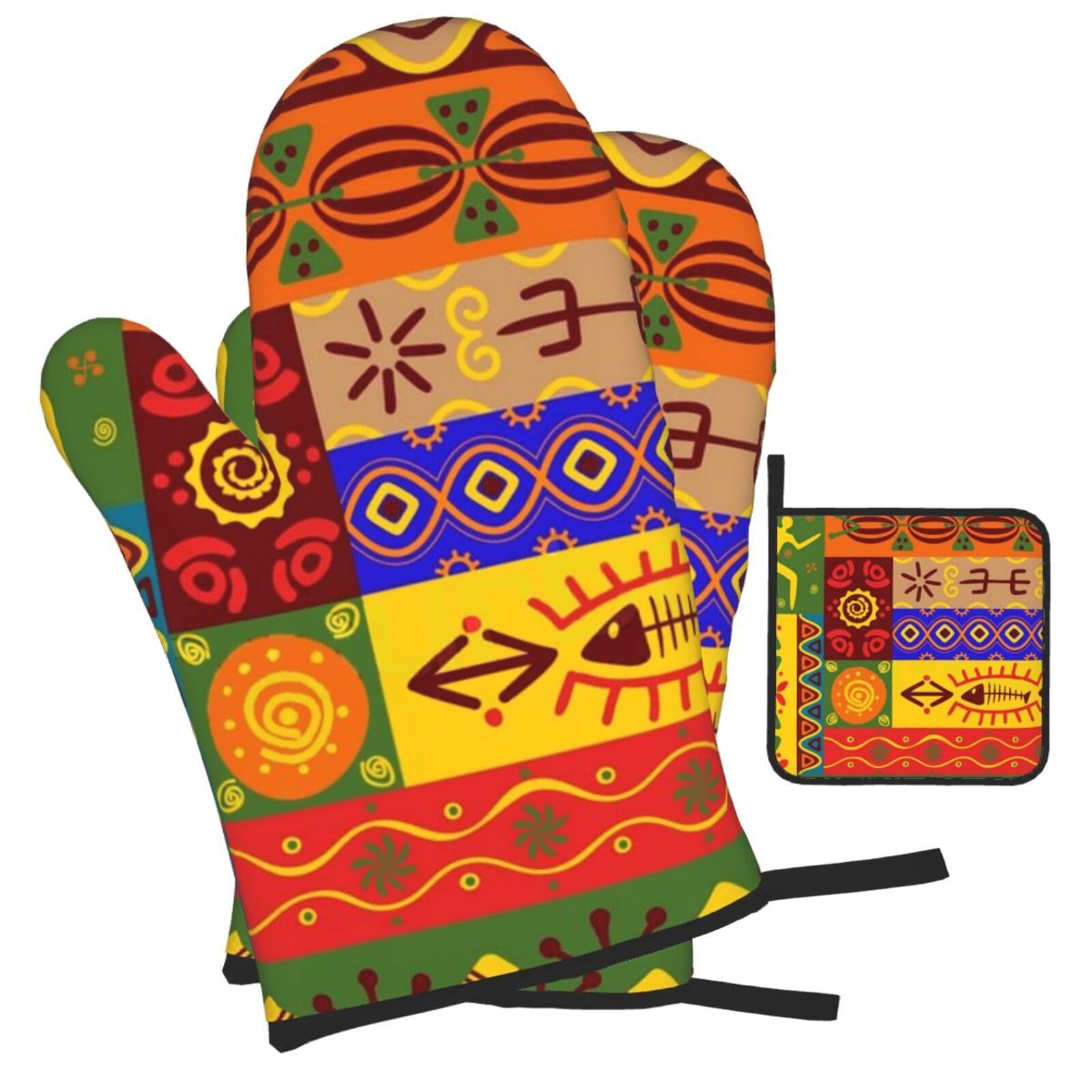 African National Patterns Printed Oven Mitts and Pot Holders Heat Resistant Set of 3 Pcs, Modern Kitchen Gloves & Potholders for Cooking Baking Grilling