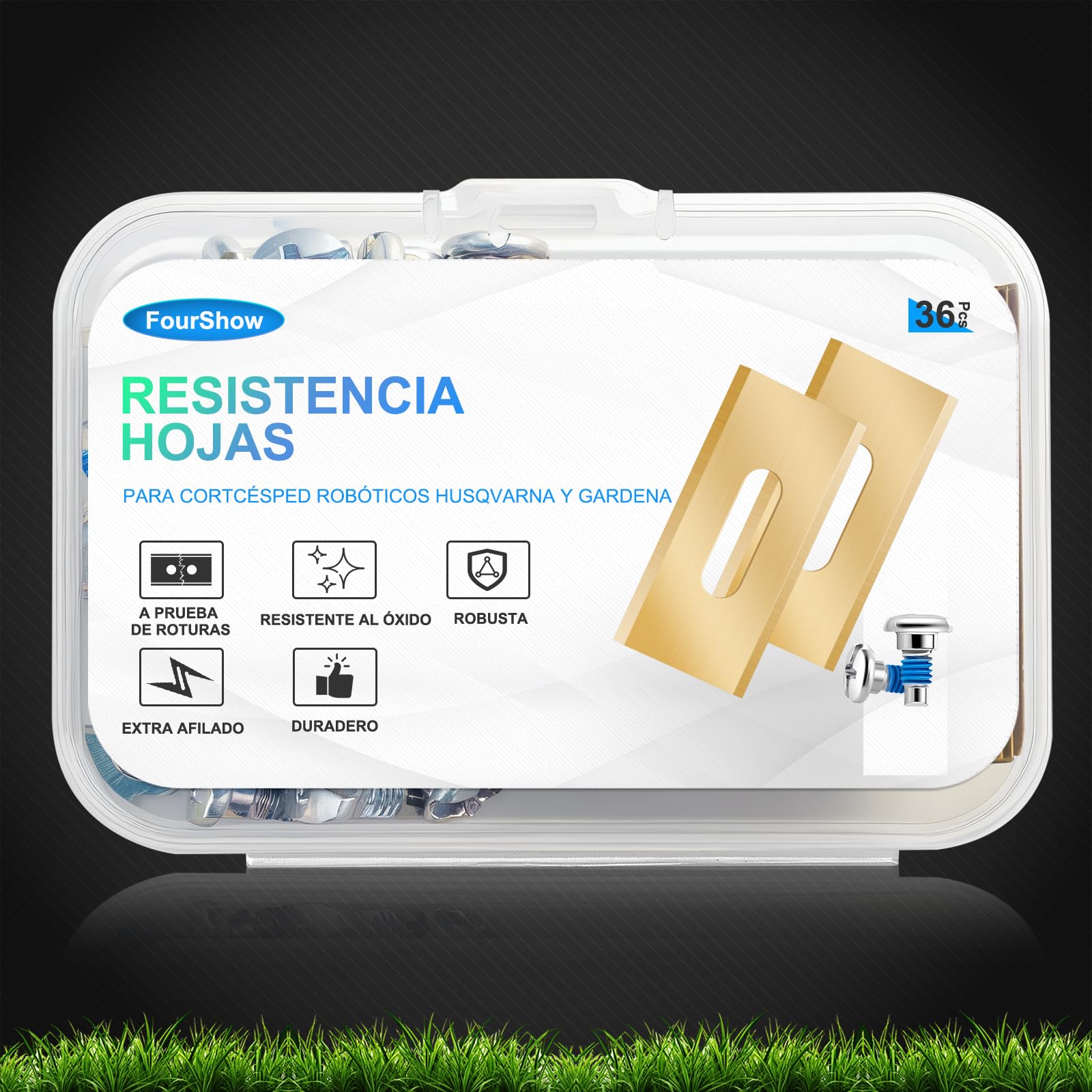 FourShow 36 Cuchillas Endurance Compatibles con Todos los Robots Cortacésped Husqvarna, Cuchillas de Reposición de Titanio Duraderas, Incluyendo Tornillos con Recubrimiento de Seguridad