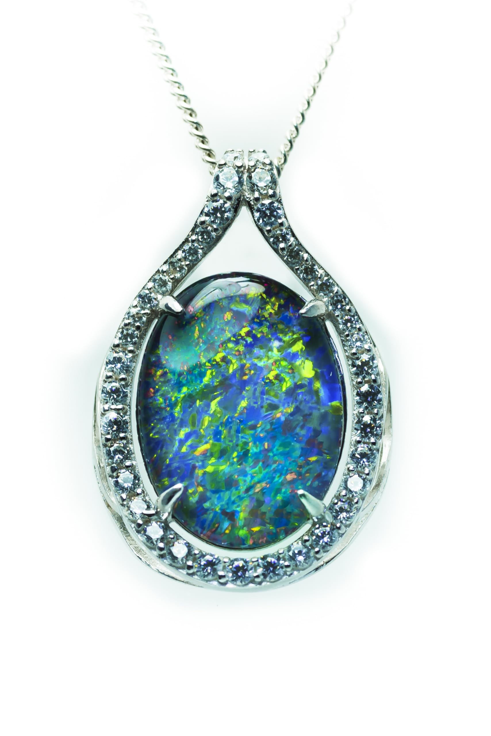 Opal GalleryAustralian Fire Opal Necklace - Large Genuine Australian Triplets Opal Necklace Pendant White Gold Plated on Sterling Silver Women's Jewelry