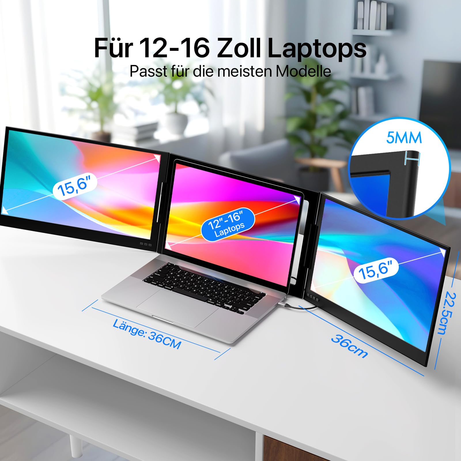 KPKUE Schermo di espansione per computer portatile, 15,6 pollici 1080p FHD triplo monitor in alluminio Compatibile con computer portatili da 12-16 pollici, per Mac, Windows e Chrome installazione