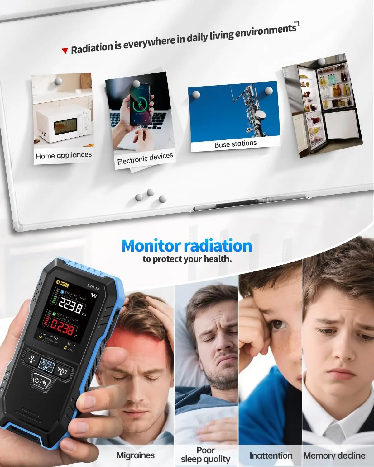 4-in-1-EMF-Messgerät ERD-10 Elektromagnetischer Felddetektor für EF-RF-MF-Temperaturmessung