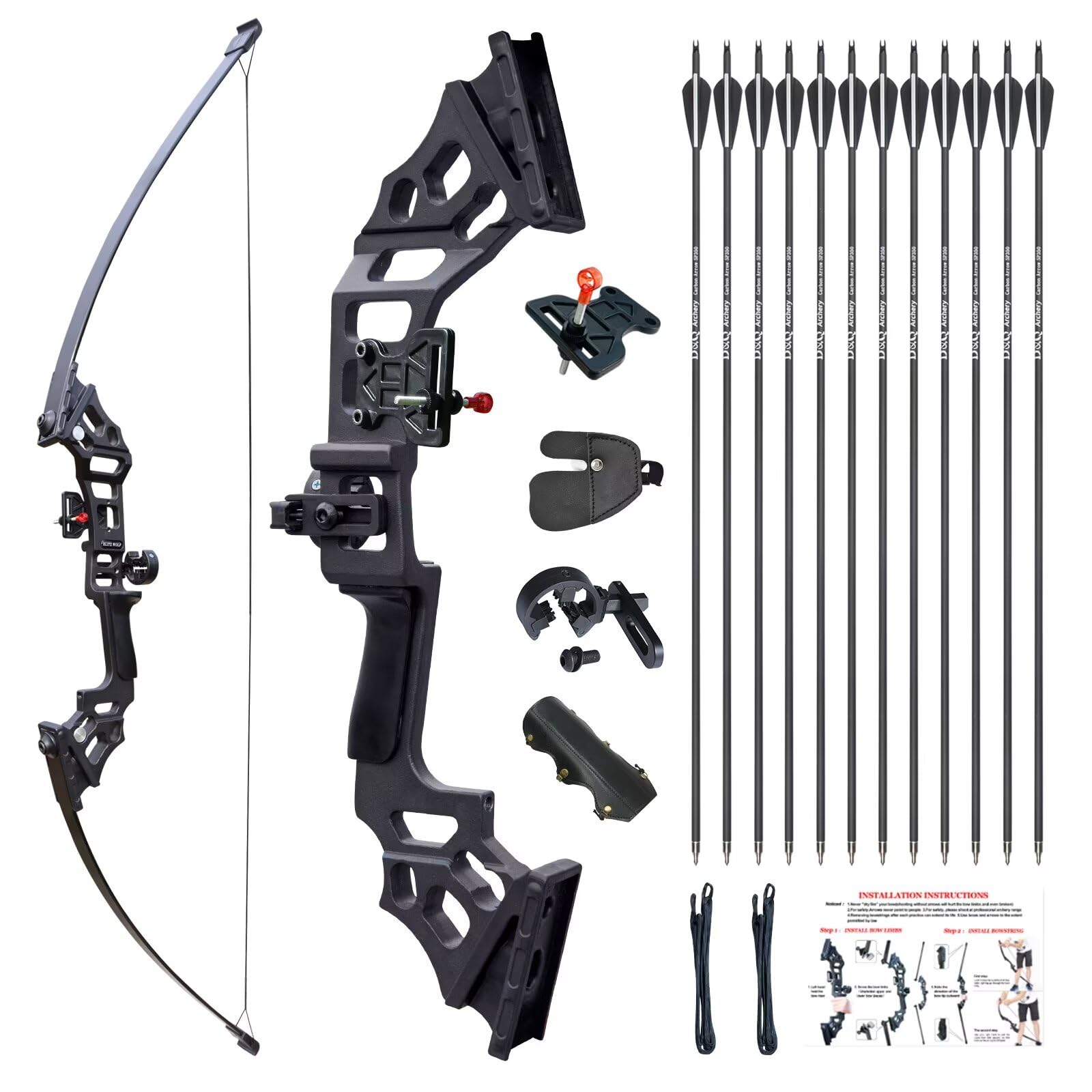 DD&Qarchery Arco ricurvo e set di frecce per adulti principianti mano destra 30 libbre con 12 pezzi di frecce in carbonio misto Longbow Kit per la pratica della caccia Sport all'aperto