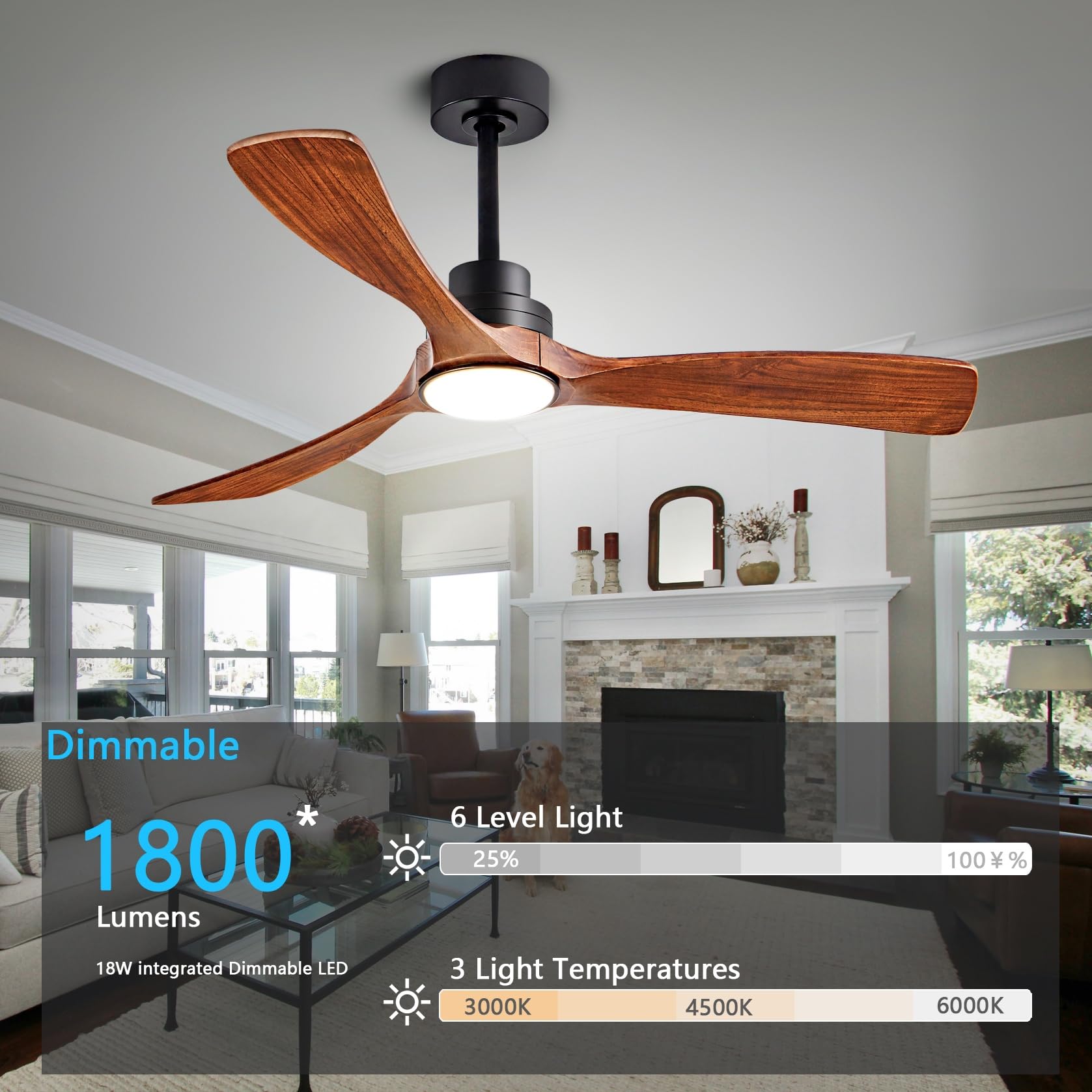 52 Inch Wood Ceiling Fans with Lights and Remote Control Indoor Memory Dimmable Light 3 Blades Noiseless Reversible — view 3