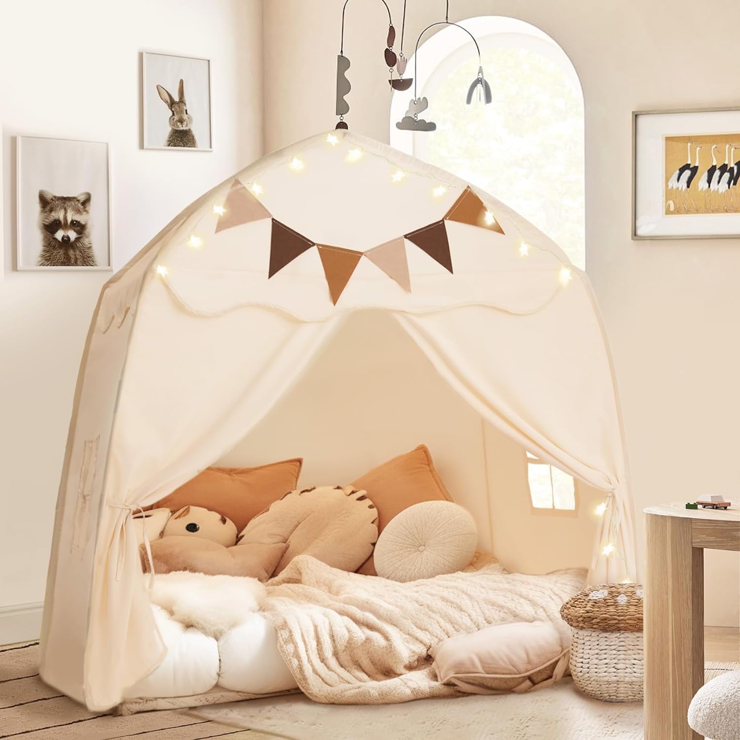 Extra Large Kids Play Tent with Flags & Star Lights, Portable & Foldable Teepee, Boys & Girls, Indoor Outdoor Dome Tent Playhouse, 51x39x51 in, Cream