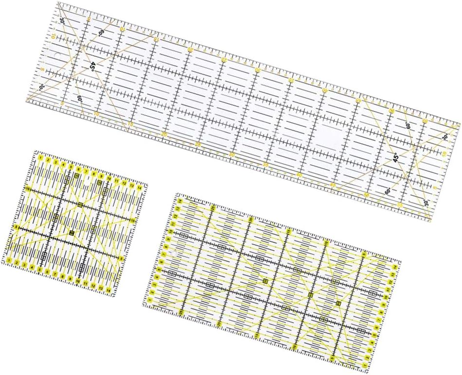 MHT 3 Style Square Quilting Ruler Set, Cut Acrylic Quilters' Ruler with Double Colored Grid Lines for Easy Precision Cutting