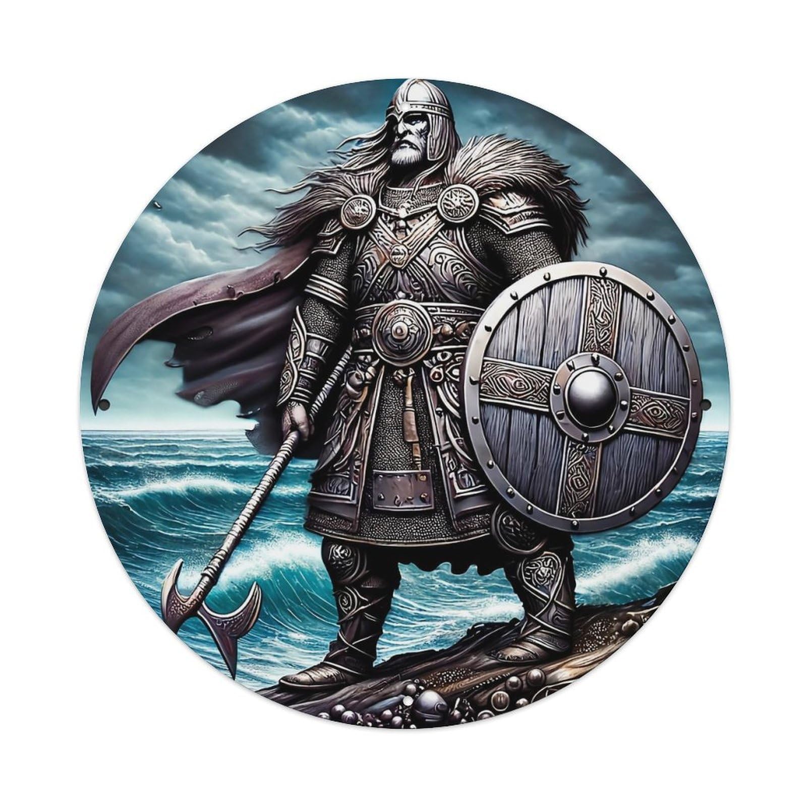 Viking Warrior Armor Shield Sea Round Metal Tin Sign Vintage Wall Decor, Bar Garage Cafe Kitchen Home Wall Art Poster 8x8inches