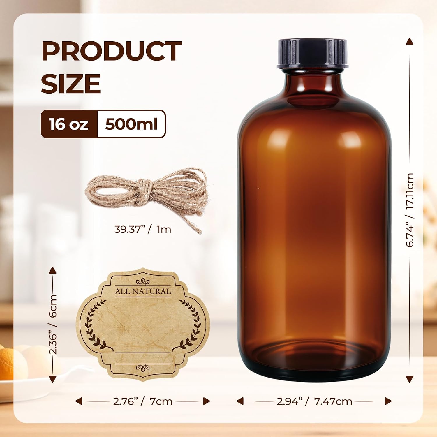3 Pack,16 OZ Amber Glass Bottles Boston Round Sample Refillable Bottles with Black Caps, Perfect Glass Containers for kombucha, Secondary Fermentation,Storing condiment,Homemade Essential Oils image 2
