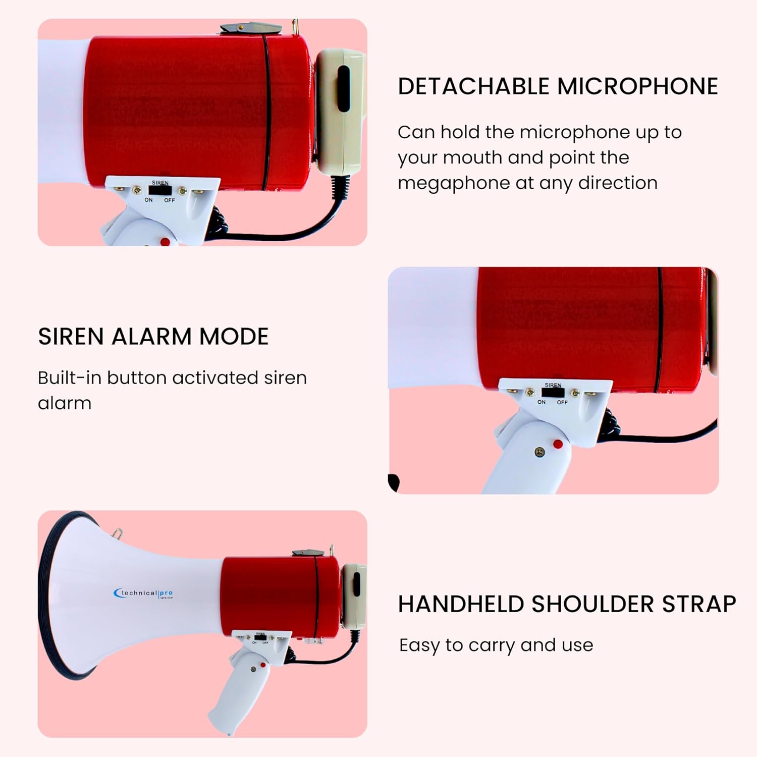 Technical Pro Portable 75-Watts 800M-1000M Range Megaphone Bullhorn Speaker with Strap, Siren, & Volume Control, Good for Trainers, Camping, Coaches, Cheer Leaders