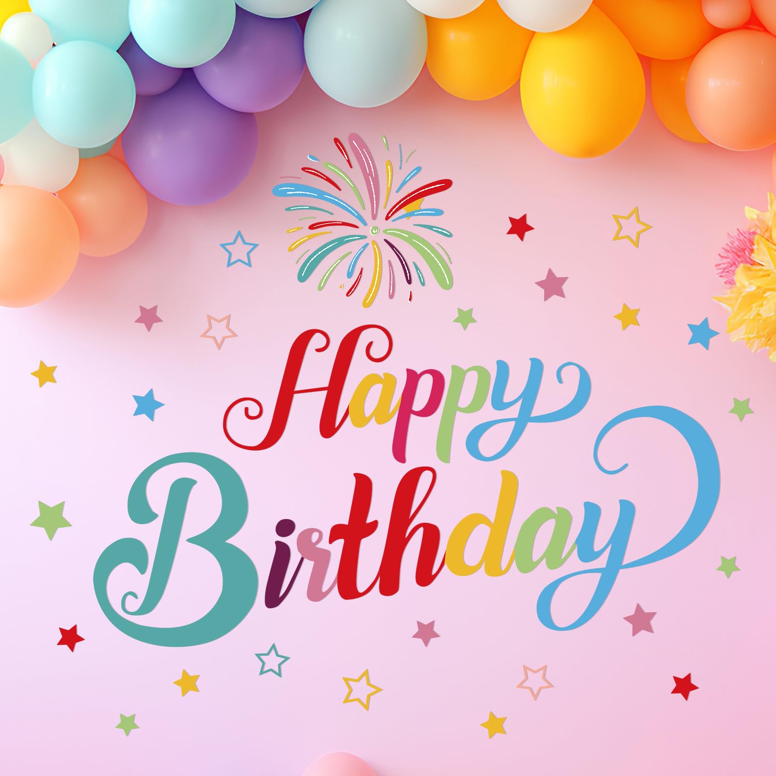 Memorywuu Happy Birthday Sign for Arch Backdrop with Fireworks and Star Happy Birthday Party Vinyl Decal Large Happy Birthday Backdrop Sticker for Balloon Arch Wall Decor (Rainbow Color)