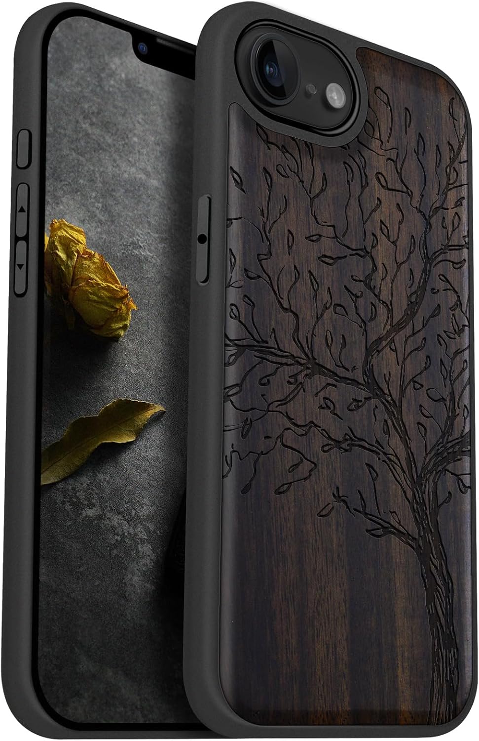 Carveit Magnetic Wooden Case for iPhone 16e / 17e, Solid Wood & TPU, Artisan Engraved Design, Shockproof Cover, Compatible with MagSafe Wireless Chargers, The Vintage Olive Tree - Blackwood
