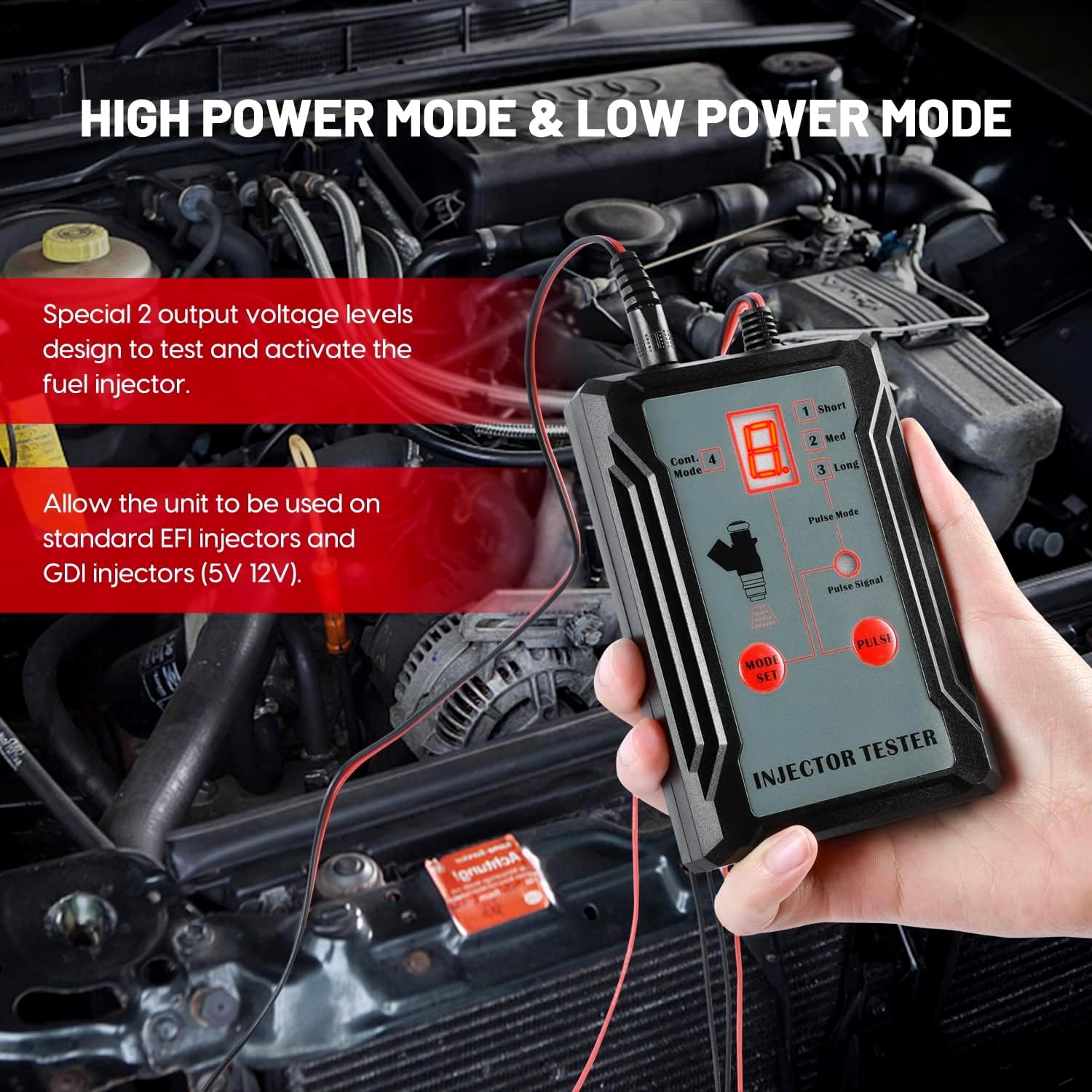 MR CARTOOL Tester per Iniettori di Carburante Veicolo da 12V con 4 Adattatori e 8 modalità di Impulso, Tester di Pressione dell'iniettore del Carburante del Veicolo Kit di Pulitore dell'iniettore