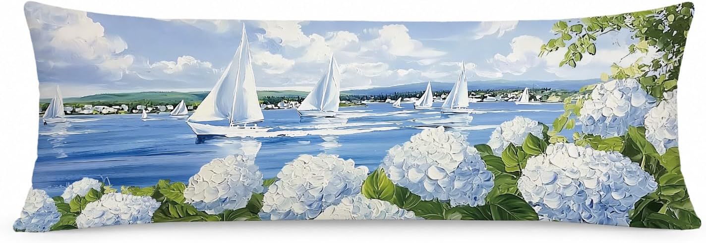 Nautical Sailboat Blue Hydrangea Floral 20x54 Body Pillow Cover, Coastal Grandma Decor, Beach Sailboat Hydrangea Decorative Long Body Pillow Cases for Girls Dorm Room Apartment Bed Couch