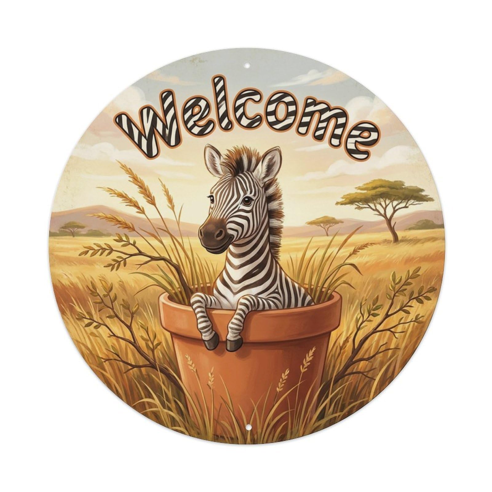 Metal Tin Sign Welcome Zebra Grassland Breeze