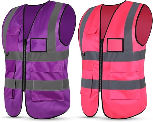 Chaleco de seguridad para mujer con tiras reflectantes de alta visibilidad, chaleco reflectante morado y rosa, 5 bolsillos con cremallera frontal,