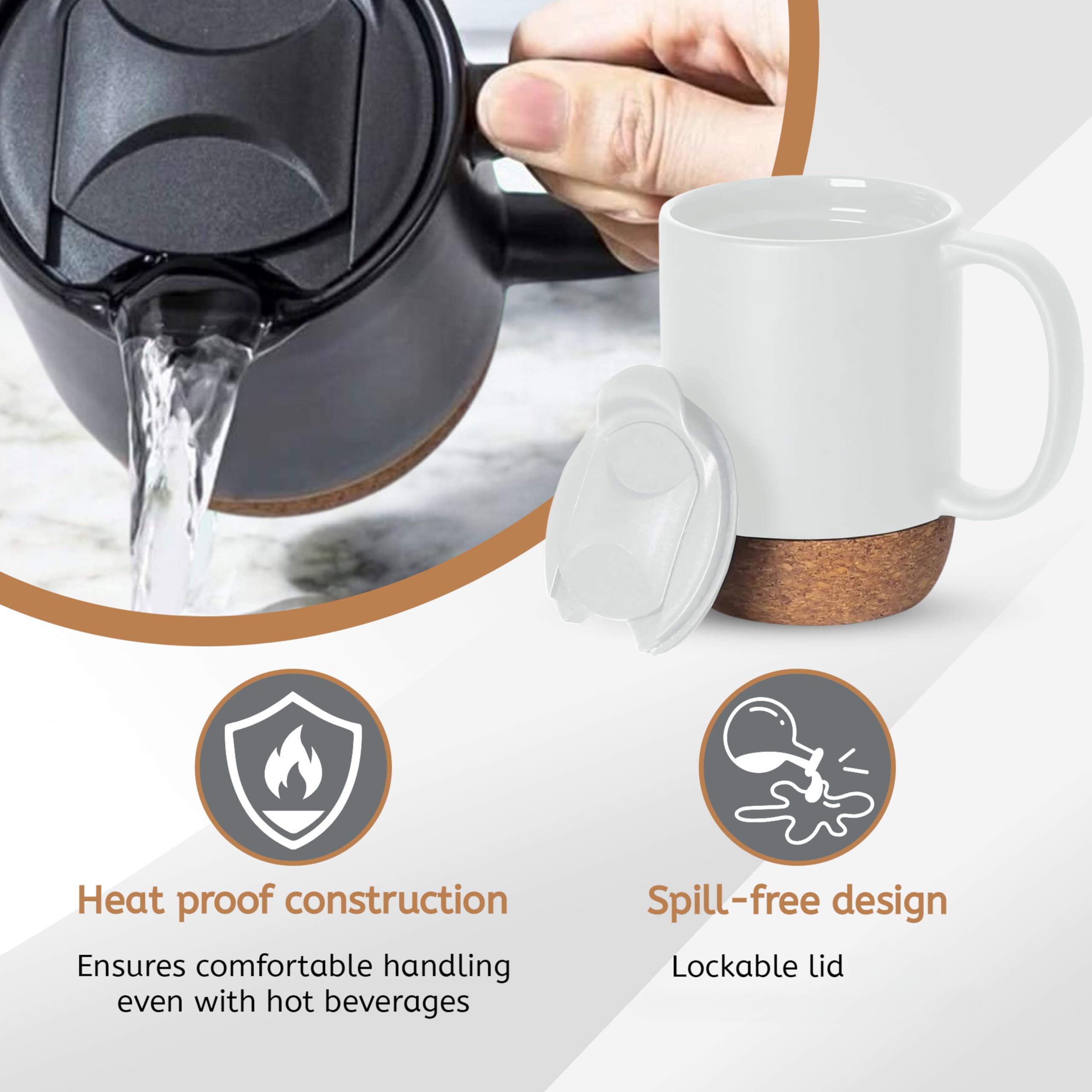 Reusable Ceramic Travel Mug with Handle and Lockable Lid & Heat Proof Cork Base, Spill Proof, Refrigerator Safe - Image 2