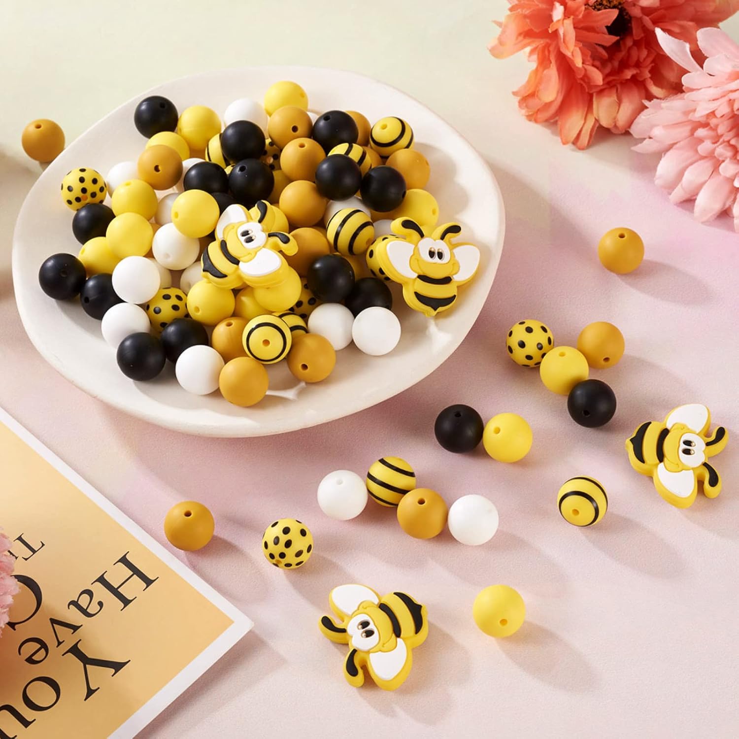 Mega Pet 100Pcs Bee Theme Silicone Beads Mixed Colors Round Silicone Spacer Round Beads with Polka Dot & Stripe Pattern for DIY Jewelry Making