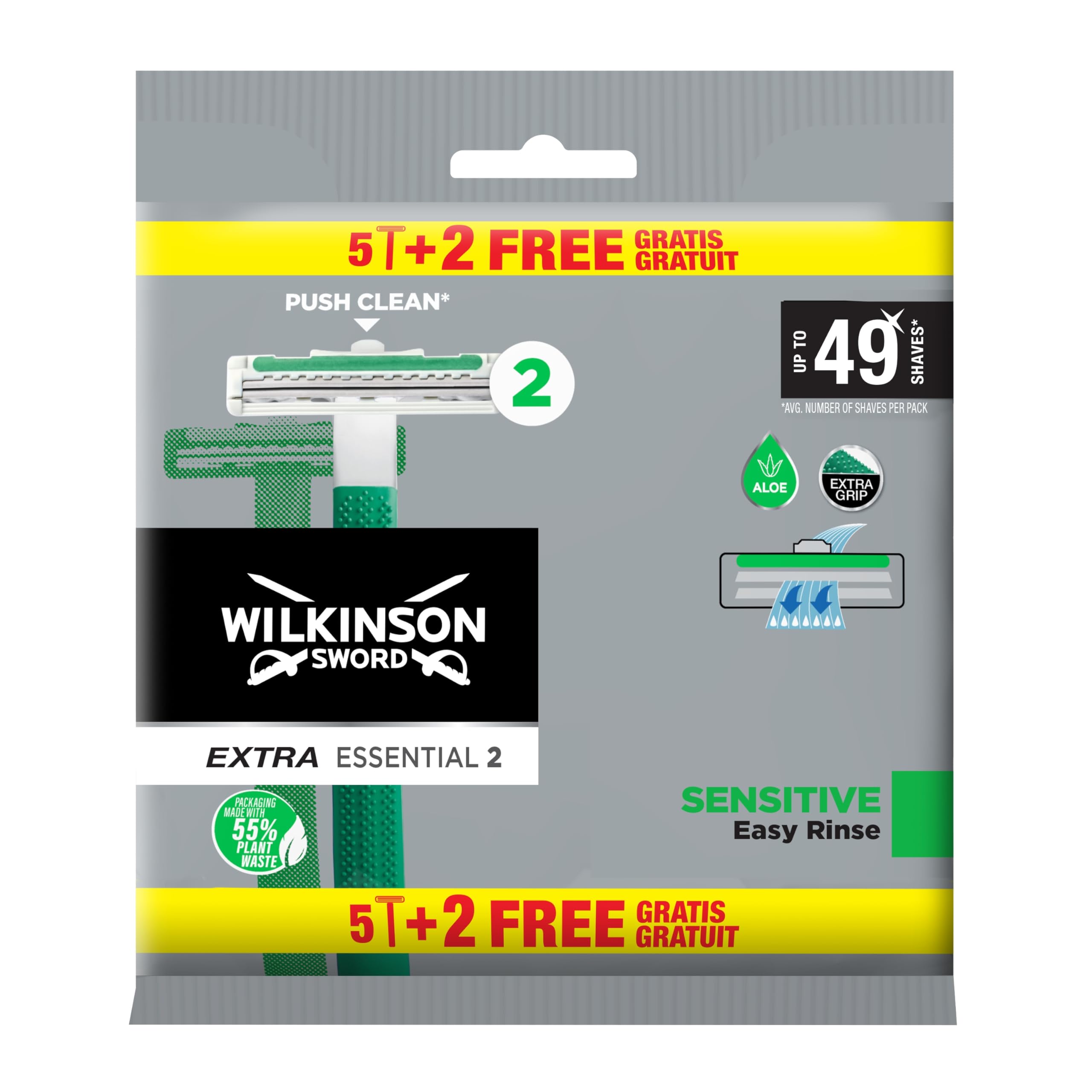 Wilkinson Sword Extra 2 Sensitive - Opakowanie 5 sztuk i 2 jednorazowych maszynek do golenia, opaska smarująca z witaminą E zapobiega podrażnieniom skóry, całkowita ochrona golenia