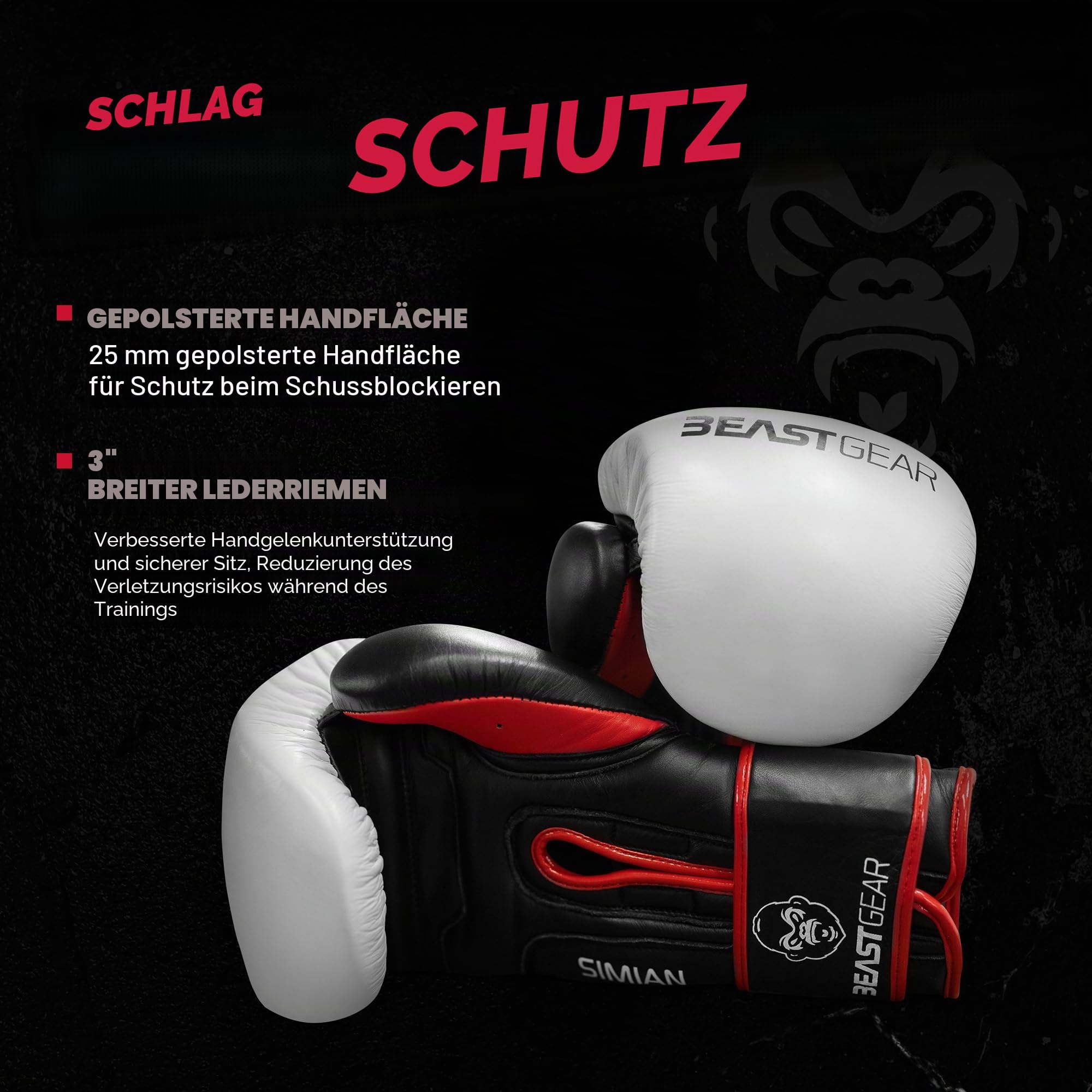 Beast Gear - Boxhandschuhe Simian - Echtes Rindsleder Trainingshandschuhe - Für Boxsack, Pratzen, Sparring