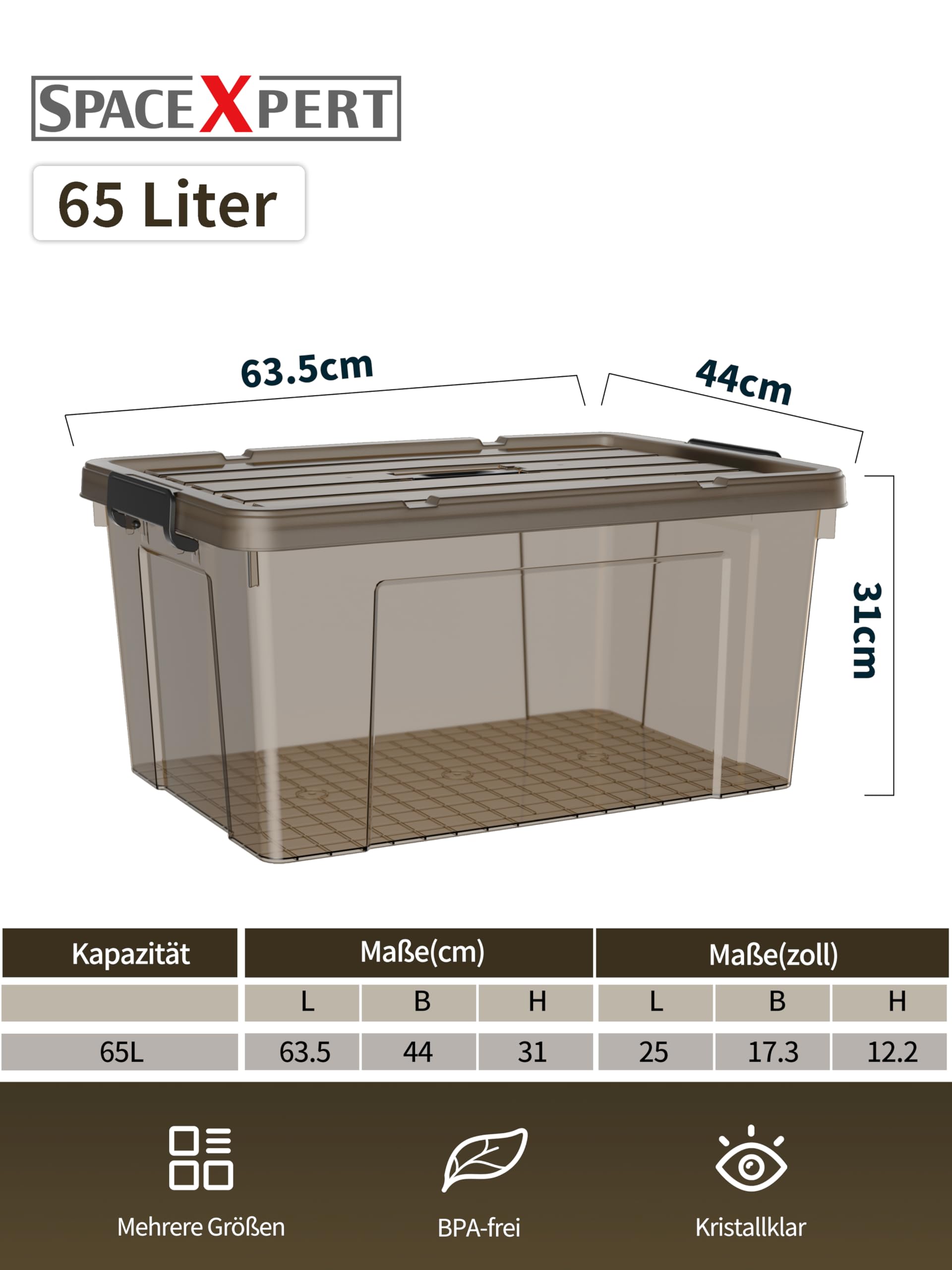Scatole Portaoggetti, Casse di stoccaggio 65L, Contenitori in Plastica con Coperchio e Maniglia, Trasparente Marrone, Impilabile, Facile da Trasportare, per Casa e Garage, 65L, Set di 4