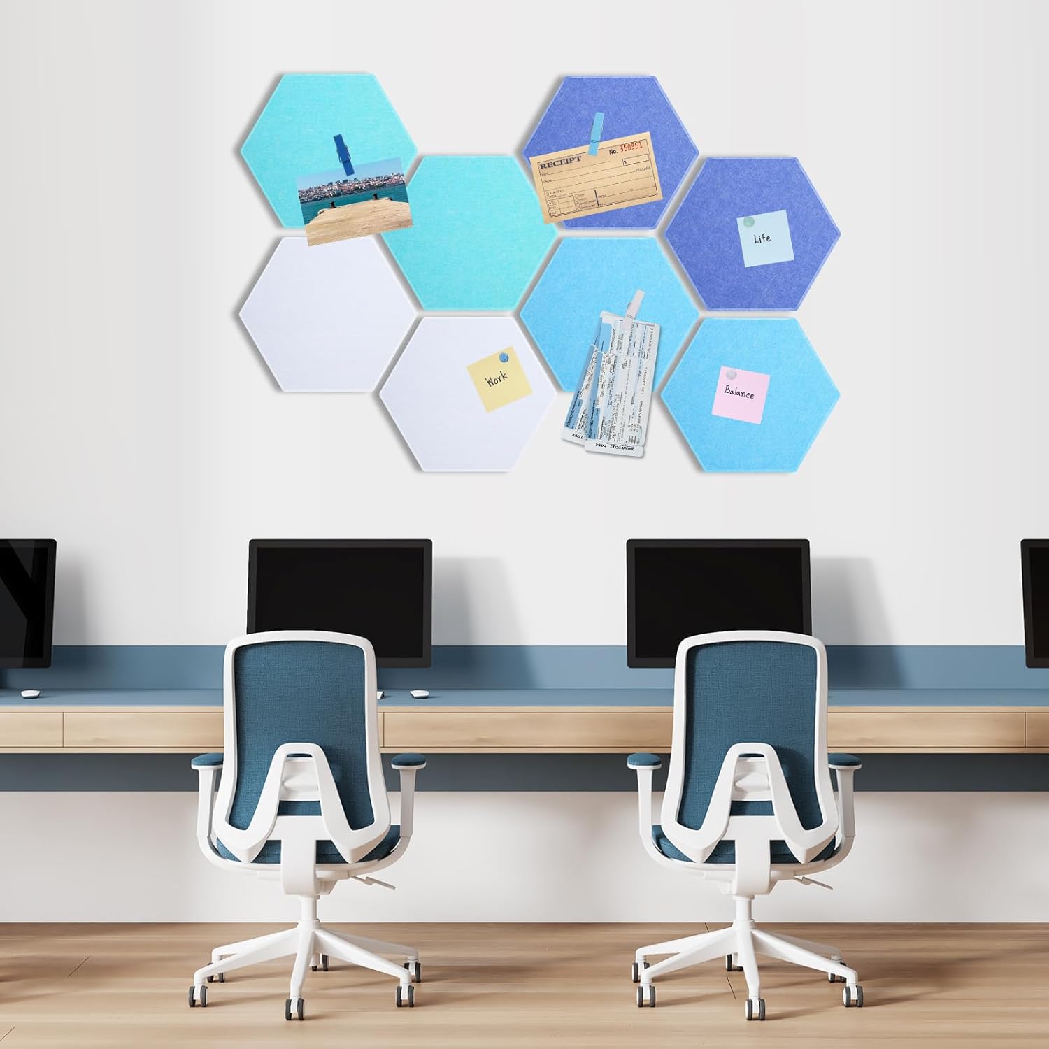 Mooliwe 8 Pcs 12" Large Hexagon Felt Cork Bulletin Board Tiles Self Adhesive DIY Pin Board with 50 Push Pins and 10 Colored Clips, Wall Decor for Office Home Kitchen Photos Memos(Blue)
