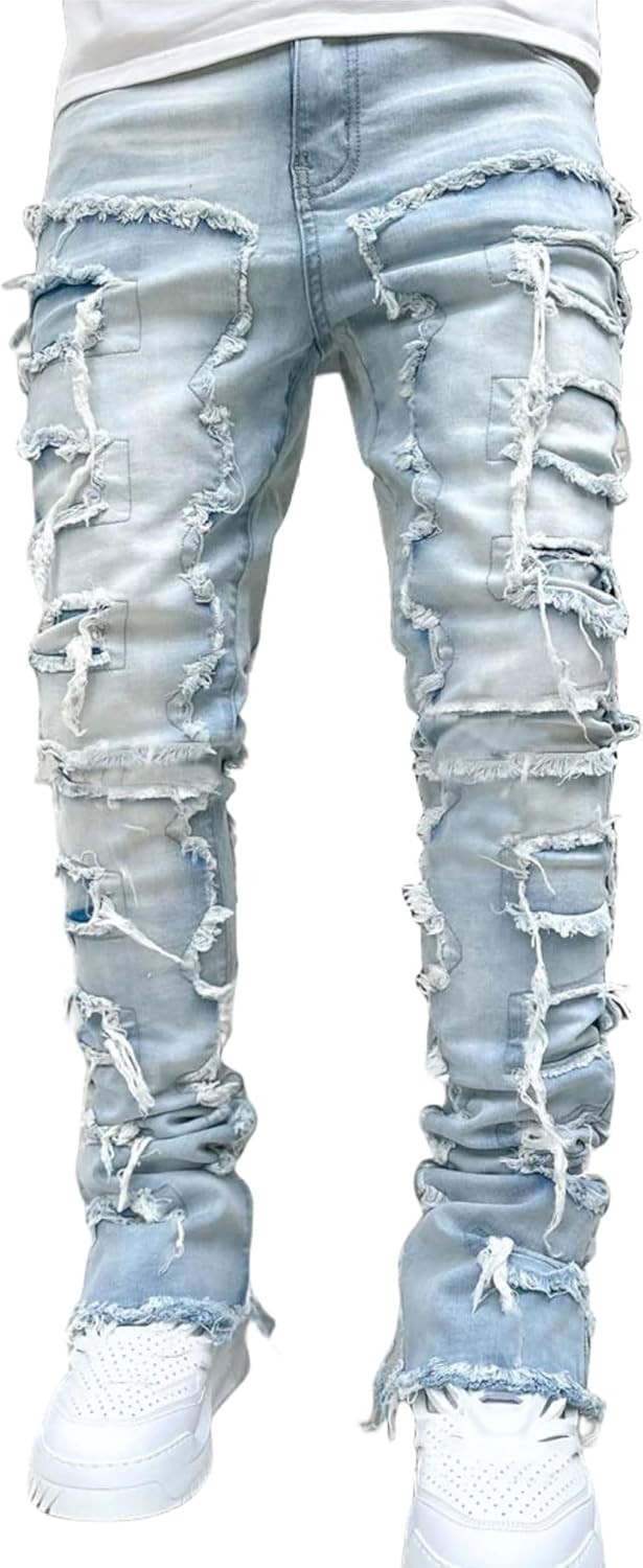 Mens Stacked Jeans Y2k Slim Fit Skinny Ripped Jeans Distressed Destroyed Denim Pants Emo Hip Hop Jeans