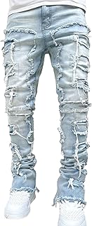 Mens Stacked Jeans Y2k Slim Fit Skinny Ripped Jeans Distressed Destroyed Denim Pants Emo