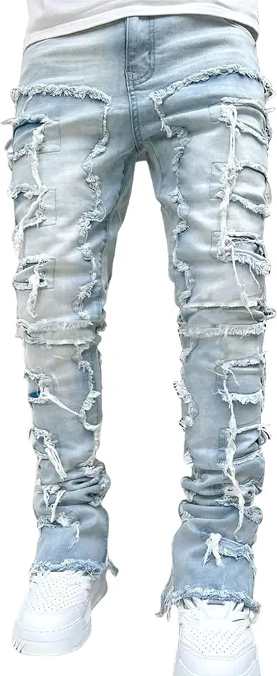 VOLYMOON Mens Stacked Jeans Y2k Slim Fit Skinny Ripped Jeans Distressed Destroyed Denim Pants Emo Hip Hop Jeans