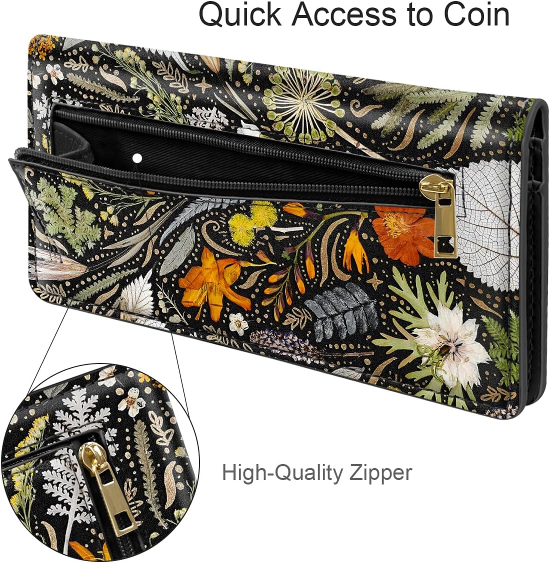 Ultra Slim Womens Wallet Minimalist Thin Long Leather Bifold Wallet RFID Blocking Card Holder Organizer with Zipper Coin Pocket Ladies Girls Gift Purse, Dried Flowers - Image 5