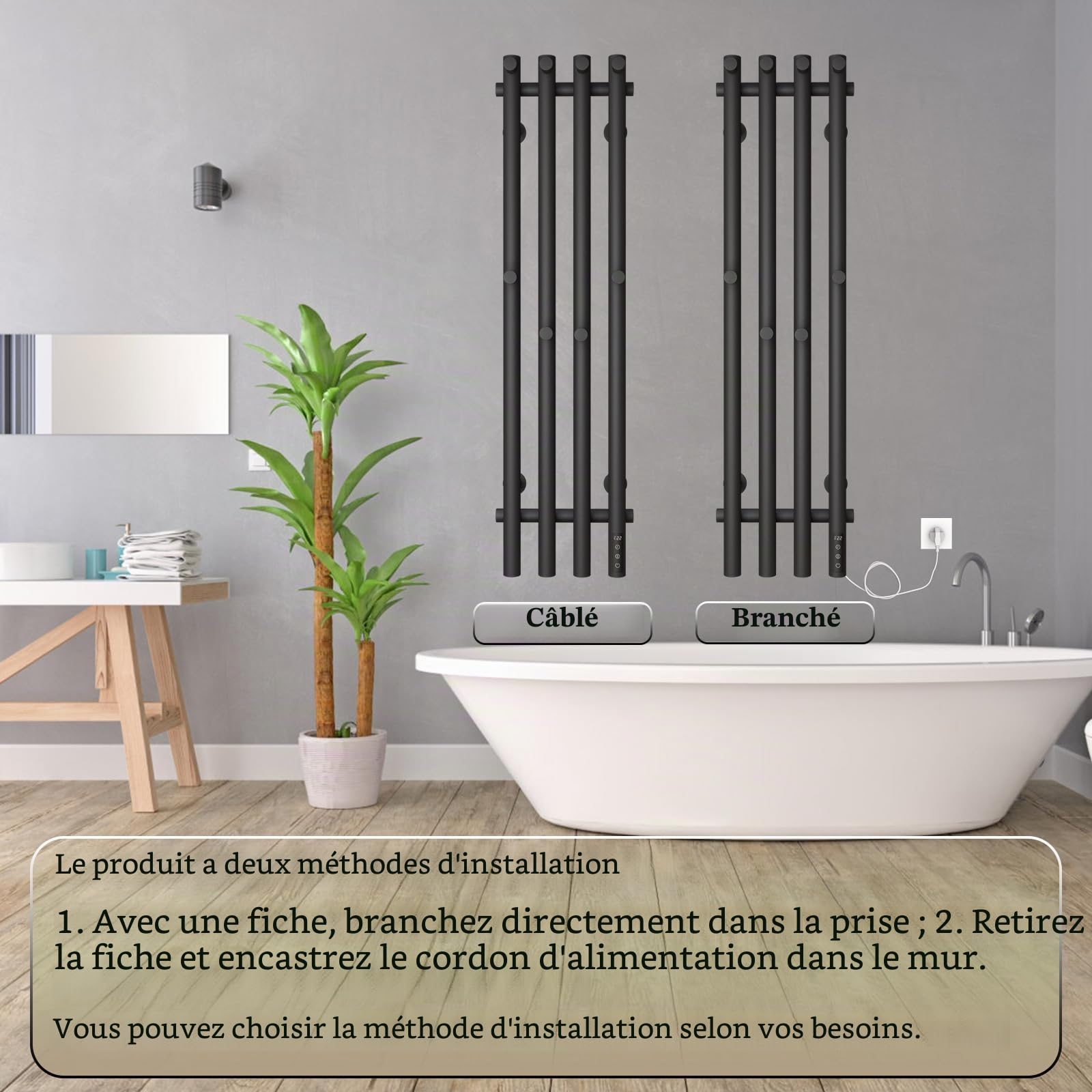 ESOP Sèche-Serviette Électrique Noir 100 W Chauffe-Serviettes 950 x 257 mm | WiFi Intelligent Porte-Serviettes Chauffant Électrique Commande Tactile à LED Radiateur de Salle de Bain avec 8 Crochets
