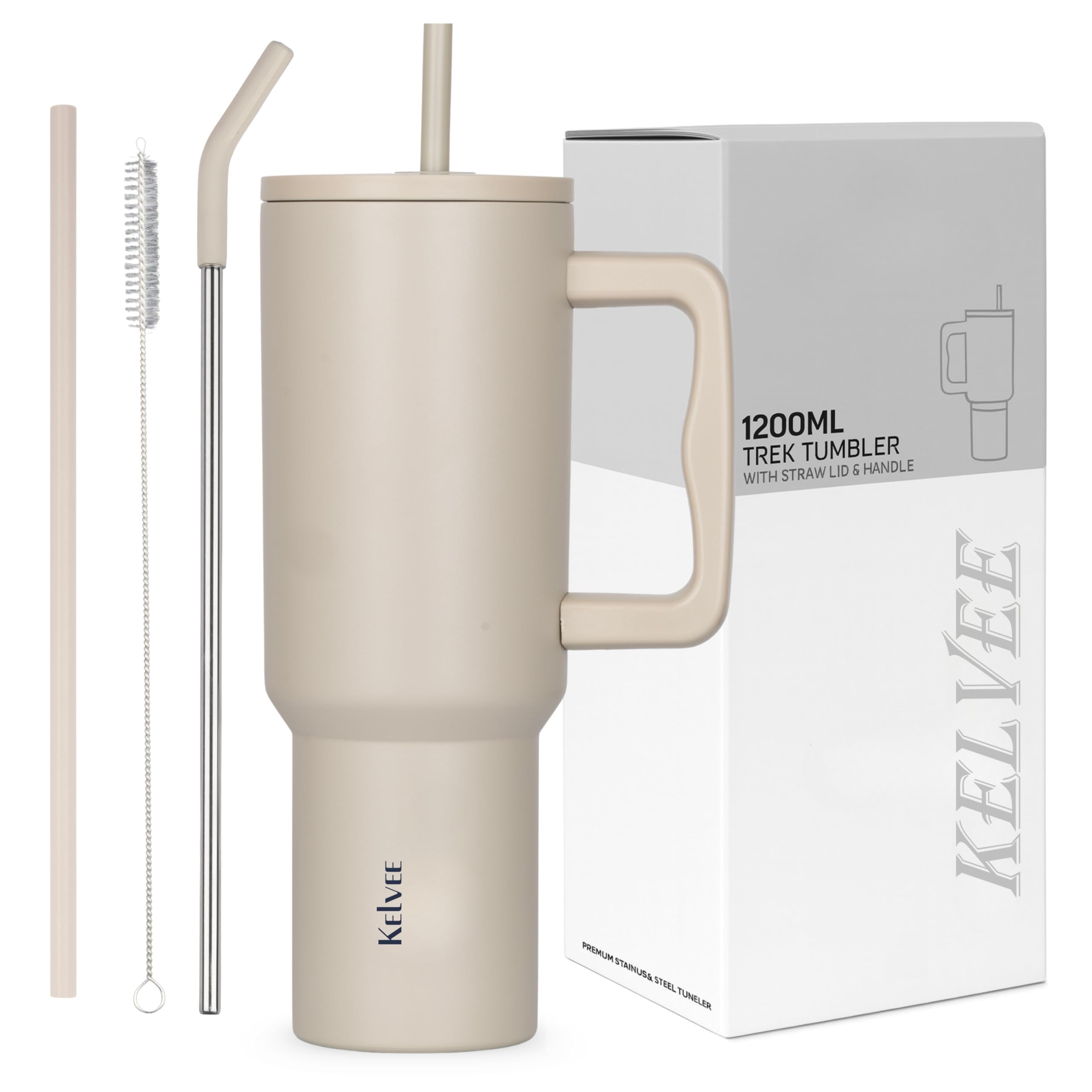 KELVEE 40oz Water Tumbler with Handle and Straw Lid, Reusable Cup Leakproof Iced Coffee Sipper Mug for Travel, Gym, Office 1.2L (Almond Birch)