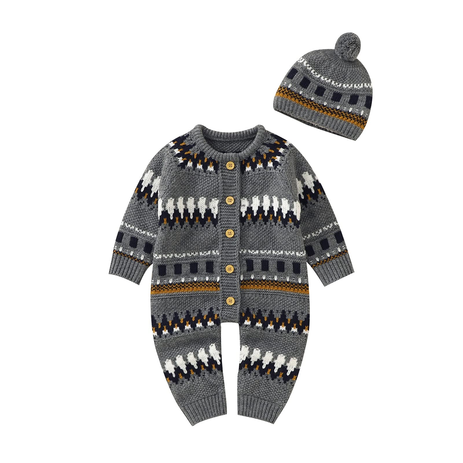 RNTOP Infant Baby Sweater Romper Newborn Girl Boy Knitted Jumpsuit Cotton Button Long Sleeve (Grey, 12-18 Months)