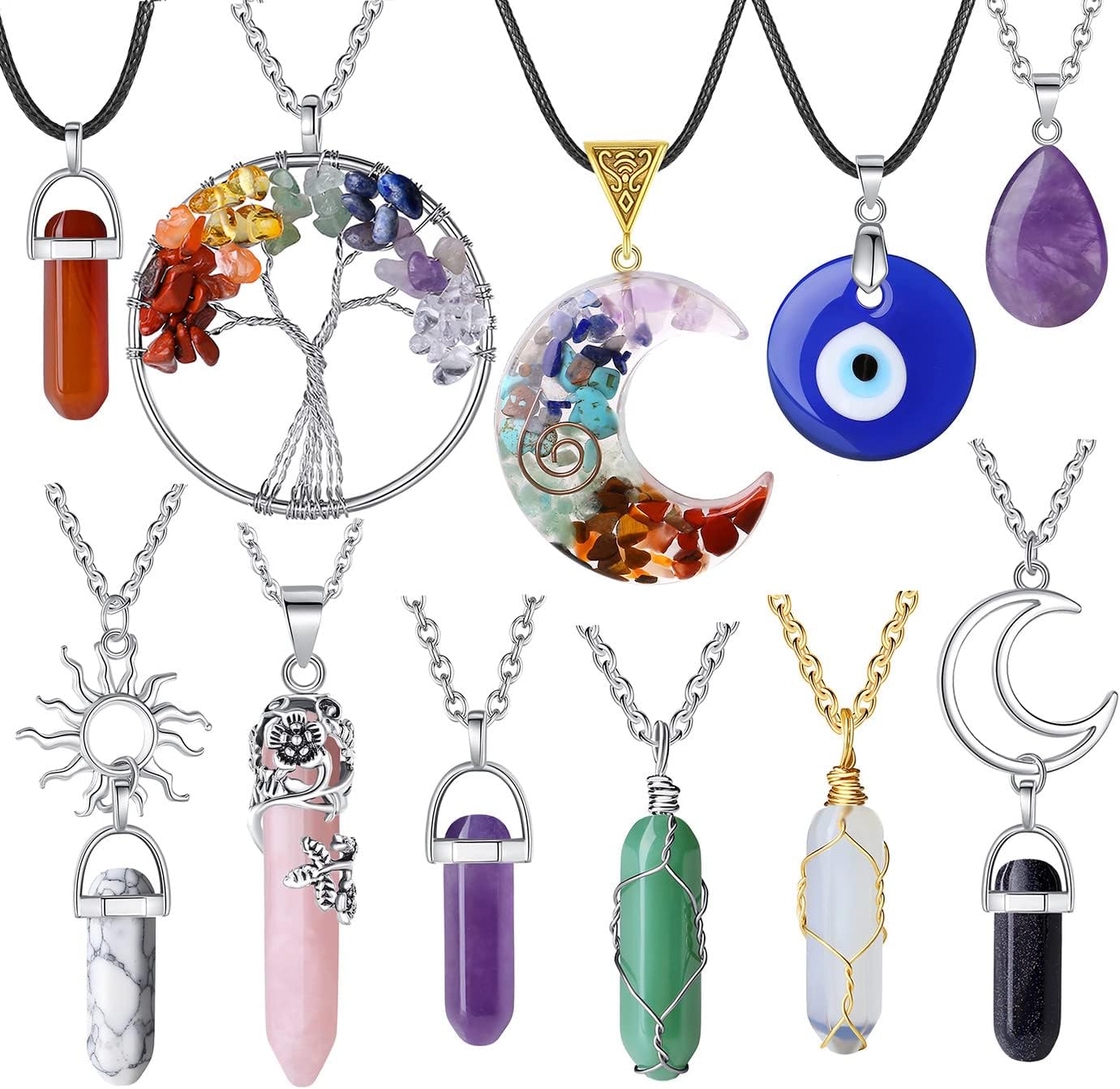 Crystal Necklaces for Women Crystal Pendant Necklaces Costume Jewellery for Women Ladies Necklaces Evil Eye Tree of Life Chakra Moon Sun Necklace Goth Witch Necklace Jewellery