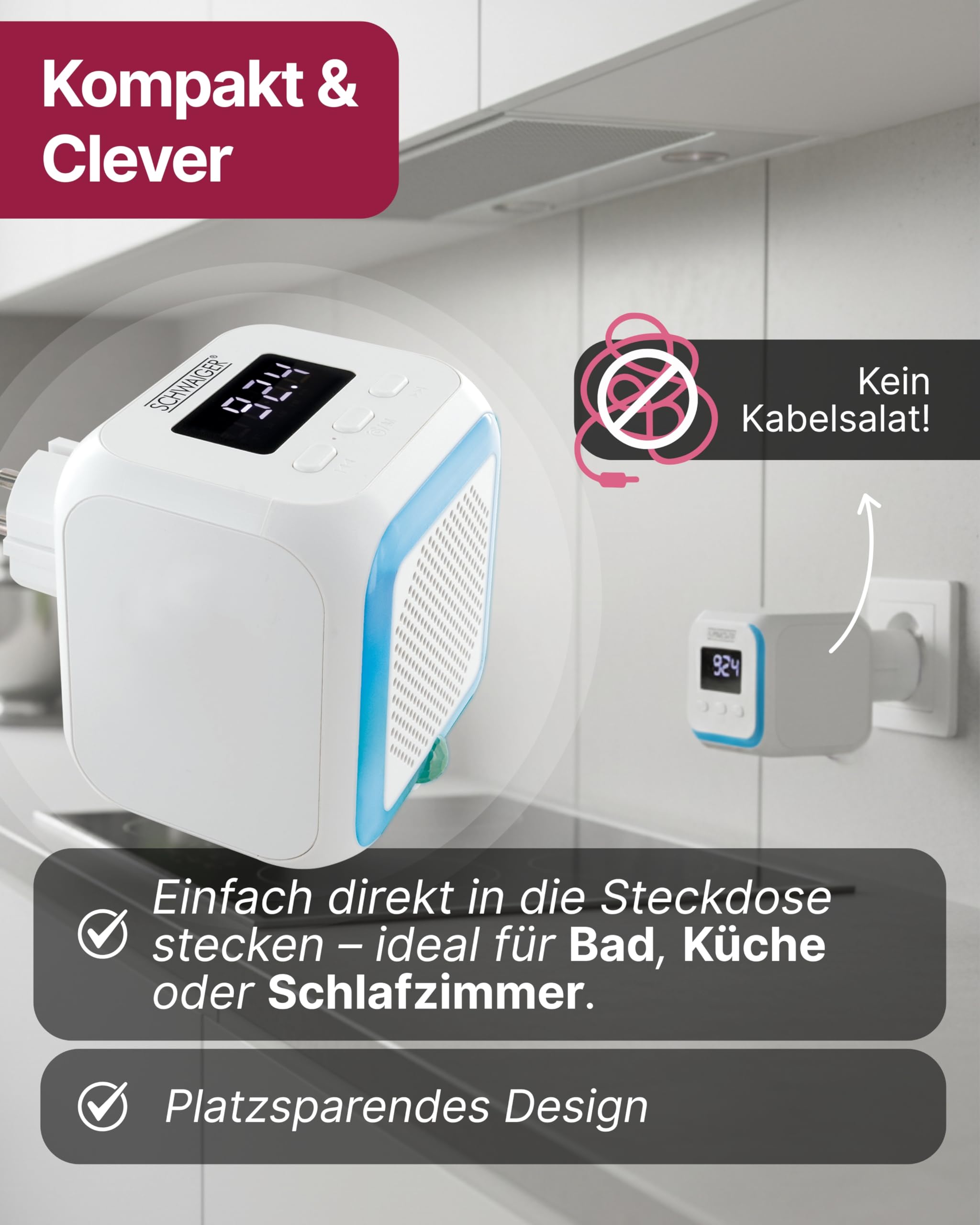 SCHWAIGER Steckdosenradio I Radiowecker für kabellose Musik I mit Lichtsensor & Beleuchtung I UKW-Radio mit Bluetooth 5.2 I Uhrzeitangabe & Weckerfunktion I für Badezimmer, Küche & Schlafzimmer
