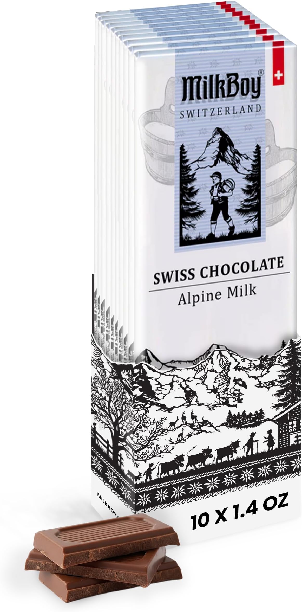 Premium Swiss Alpine Milk Chocolate Extra Creamy Milk Chocolate Snack Bar Size 1.4 oz - GMO Free (10 Pack)