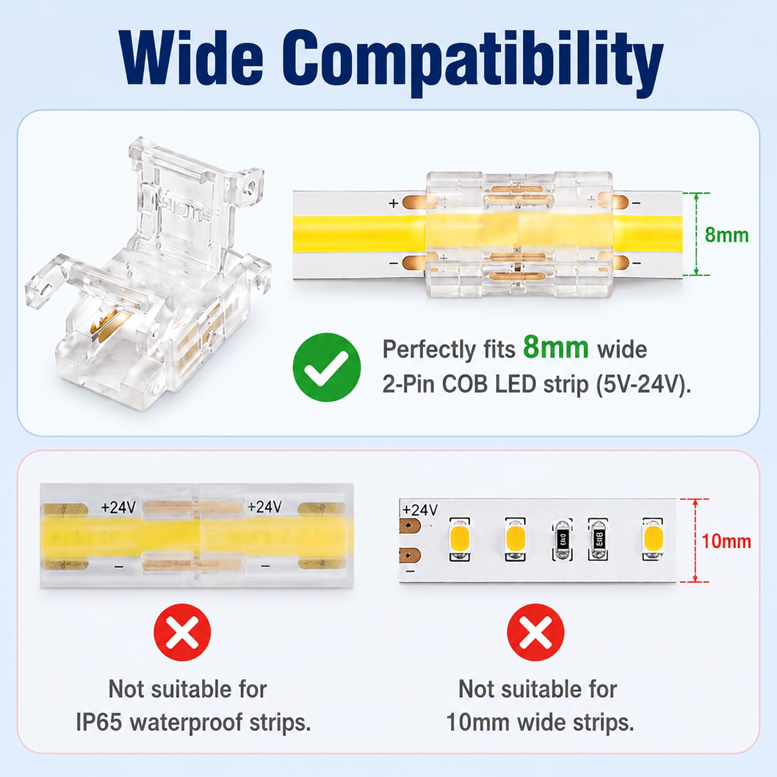 12 Stück COB LED Streifen Verbinder 2 Pin 8 mm, Set mit 8 L-Form Eckverbindern und 4 I-Form Mittelverbindern, Transparente Lötfreie Lichtband Connectoren für 5-24 V Innenbeleuchtung, Nicht IP65