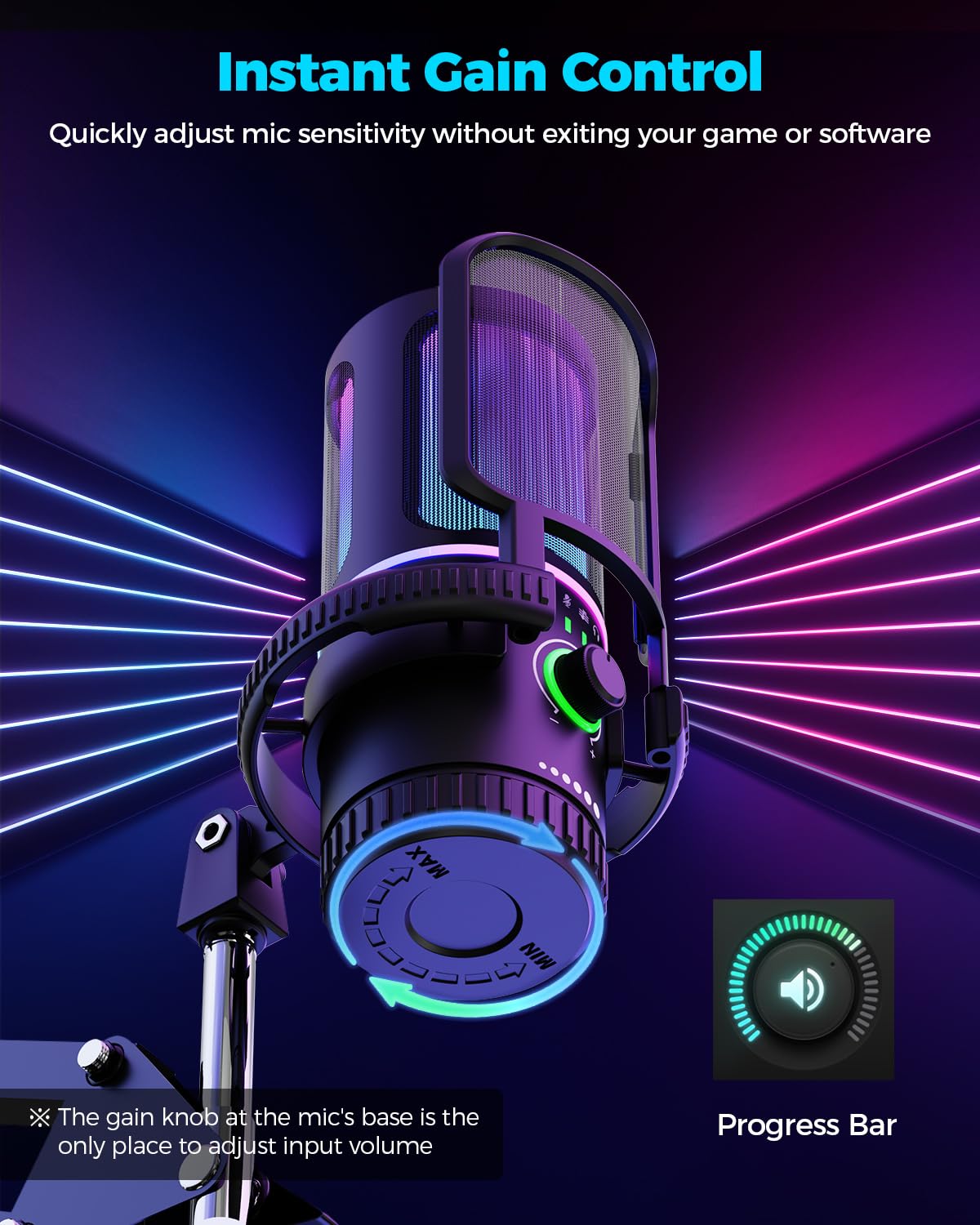 SINWE Microfono da gioco con cancellazione del rumore e controllo del guadagno - Micro USB PC per streaming, giochi, podcast, PC, PS4 - Include filtro anti-pop, supporto antiurto, silenziatore veloce