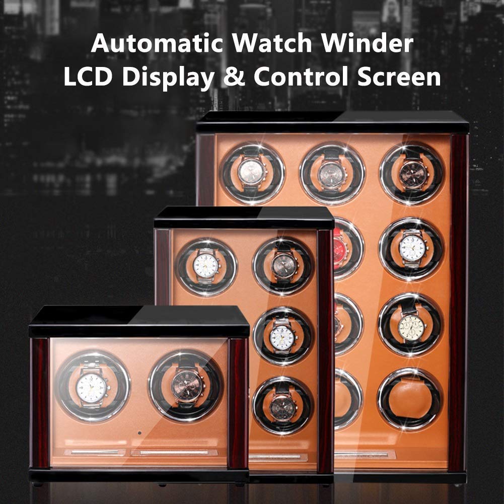 Caricatore per Orologi in Legno per Orologi Automatici con Telecomando, Display LCD, Touch Screen, Luce LED Integrata, Cuscini per Orologi Regolabili, Nero-3+0, Marrone-2，Brown-2+0