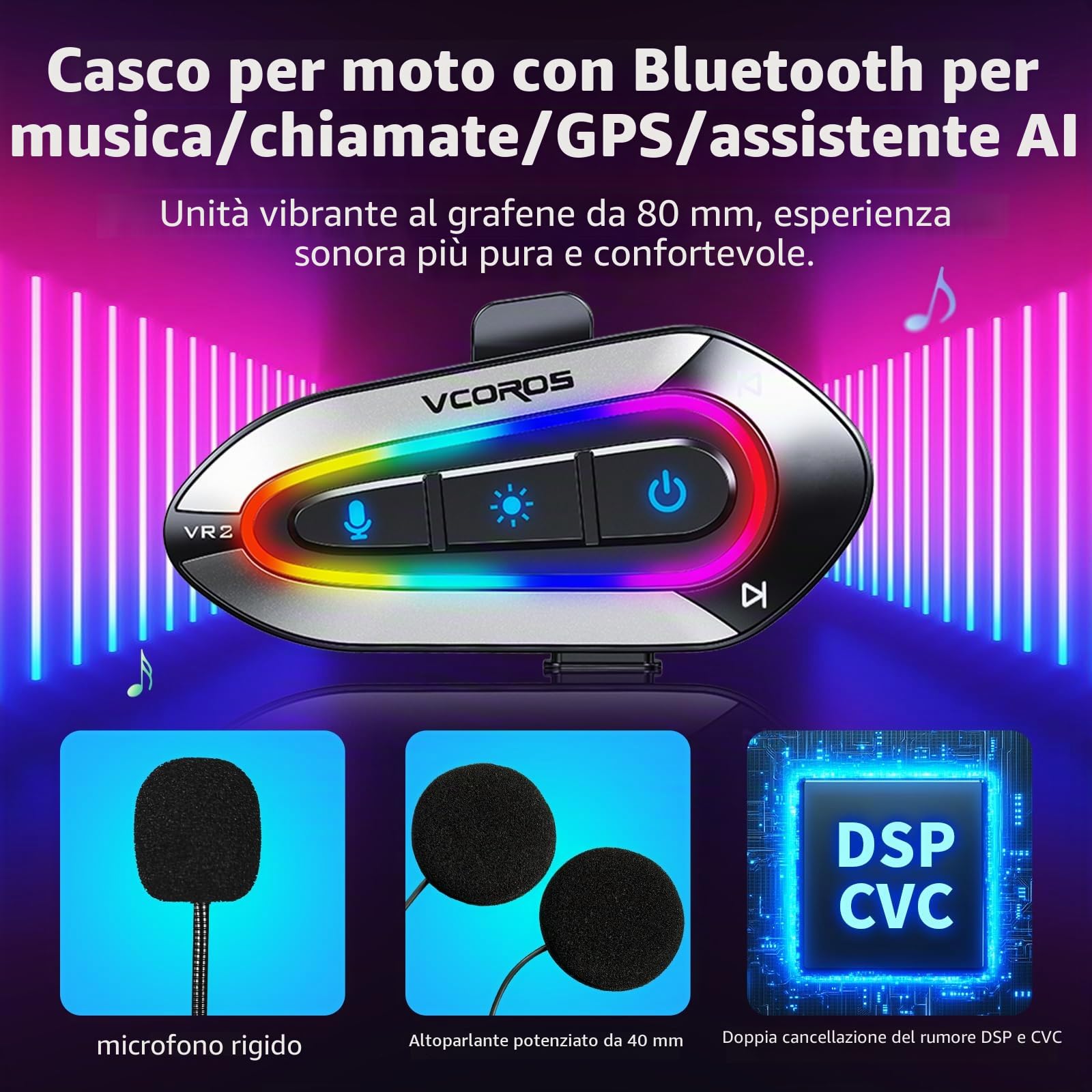 Casco Moto Auricolare,VR2 Casco Moto Bluetooth Auricolare per Singola, IPX6 Impermeabile,Modalità luce RGB,5.3 Cuffie Bluetooth per Moto,Auricolari Moto per Vivavoce AI Voice Control,Controllo Musica