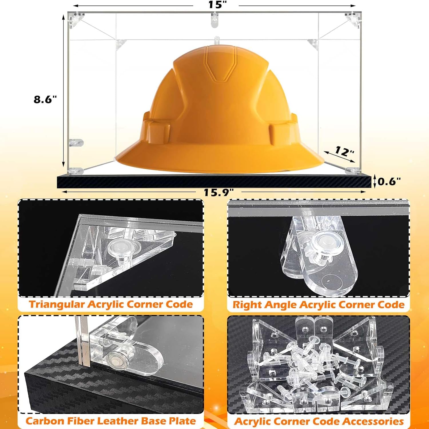 Clear Full Brim Hard Hats Display Case Acrylic Large Helmet Shadow Boxes Large Rectangle Box Shoes Sneakers Box UV Protection Memorabilia Collectibles Showcase with Mirror & Carbon Fiber Skin Base
