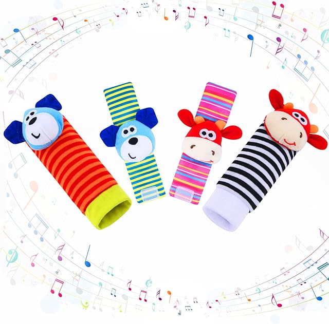 Vicloon grzechotka do stóp dziecka, 4 szt skarpetki Grzechotka, Baby Wrist Rattle, grzechotka dla niemowląt, zabawki sensoryczne dla niemowląt, Prezent dla małych dzieci Chłopcy Dziewczęta (łydka)