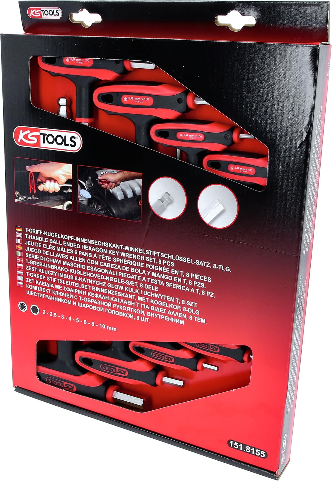 KS Tools 151.8155 Zest kluczy imbus 6-katnychz glow kulk i uchwytem T, 8-szt, 2-10mm