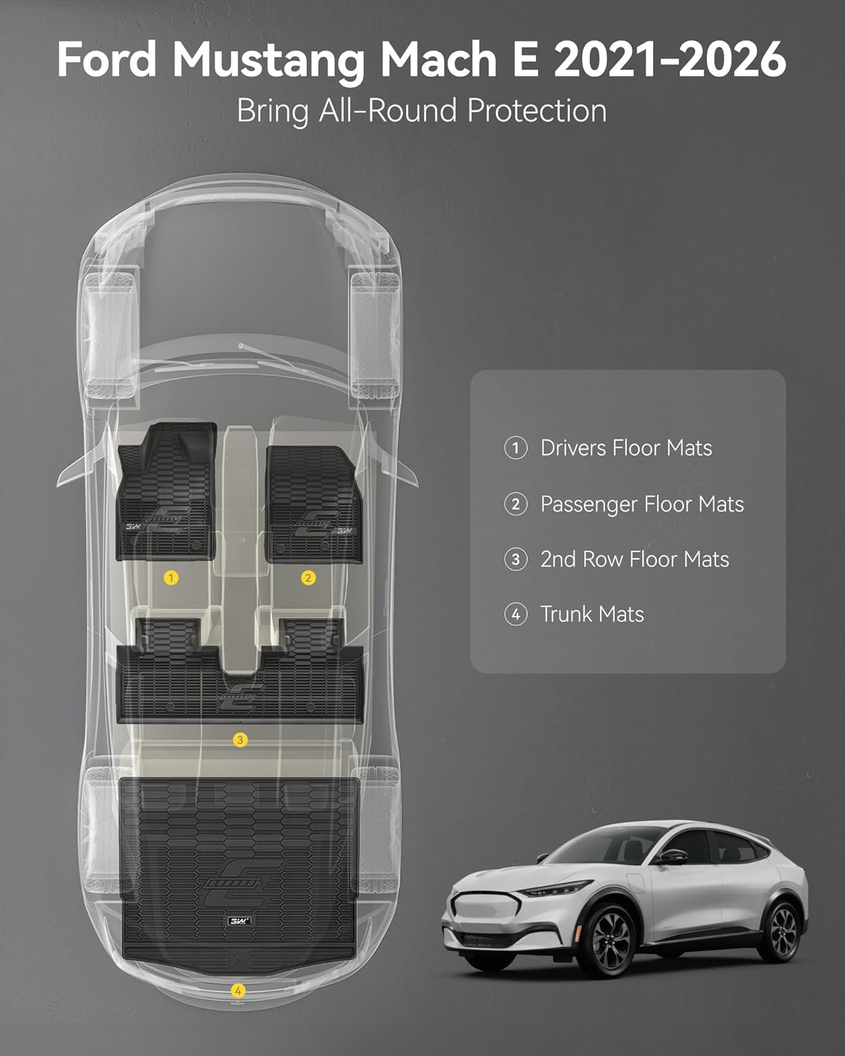 3W Floor Mats & Cargo Liner Fit for Ford Mustang Mach E 2021-2025 2026 TPE All Weather Custom Fit Floor Liner 1st 2nd Row and Trunk Mat Full Set Mats (Trunk Base Upper Only) - Image 2
